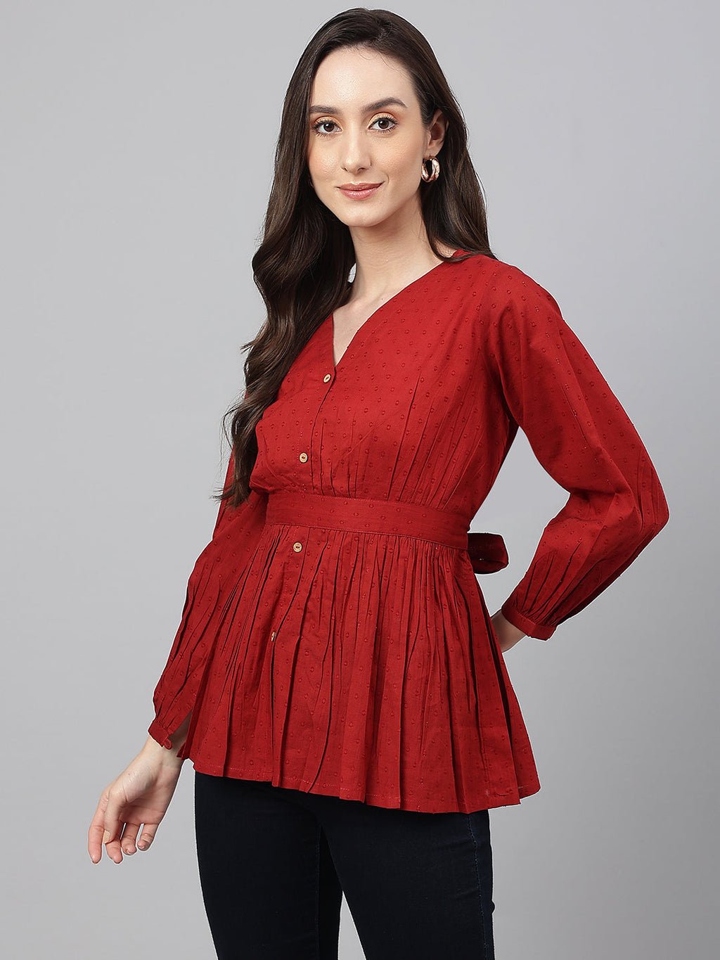 Janasya Women's Maroon Dobby Cotton Solid Peplum Top