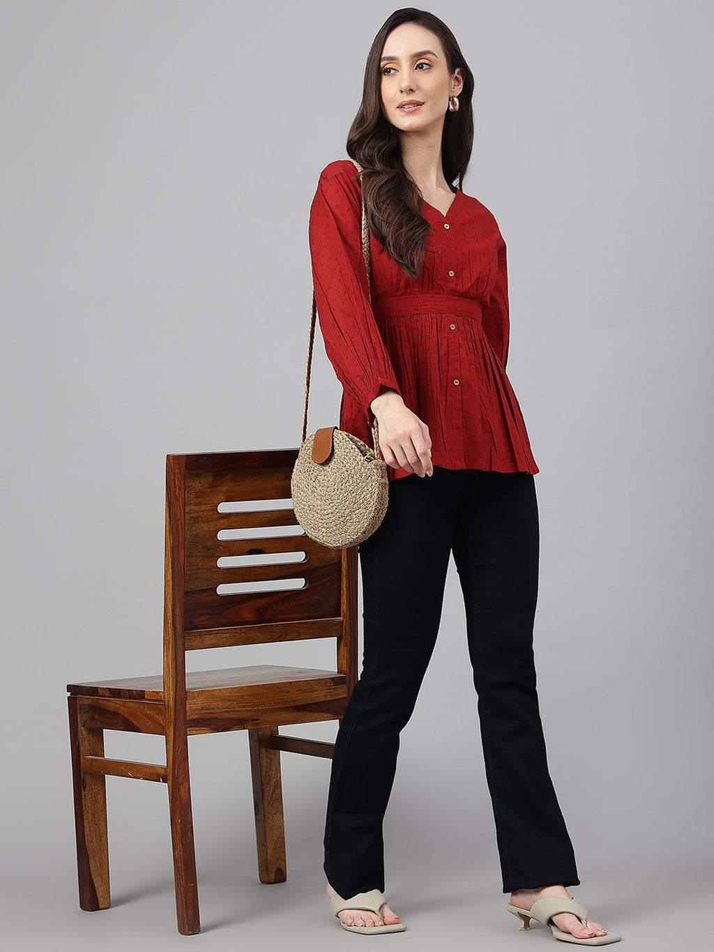 Janasya Women's Maroon Dobby Cotton Solid Peplum Top