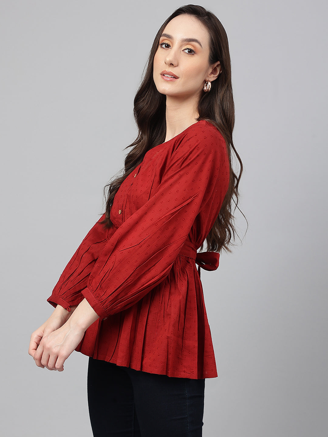 Janasya Women's Maroon Dobby Cotton Solid Peplum Top