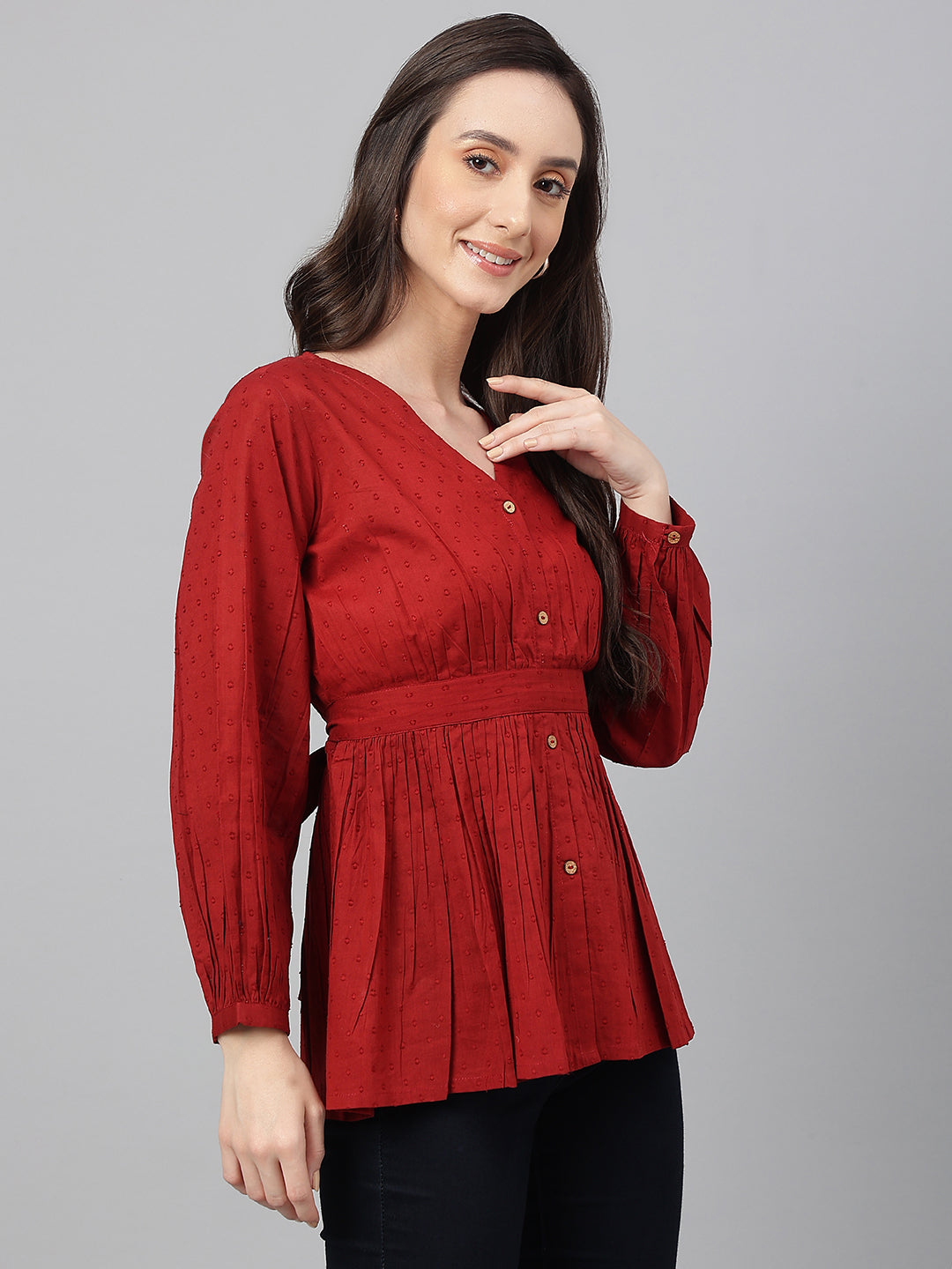 Janasya Women's Maroon Dobby Cotton Solid Peplum Top
