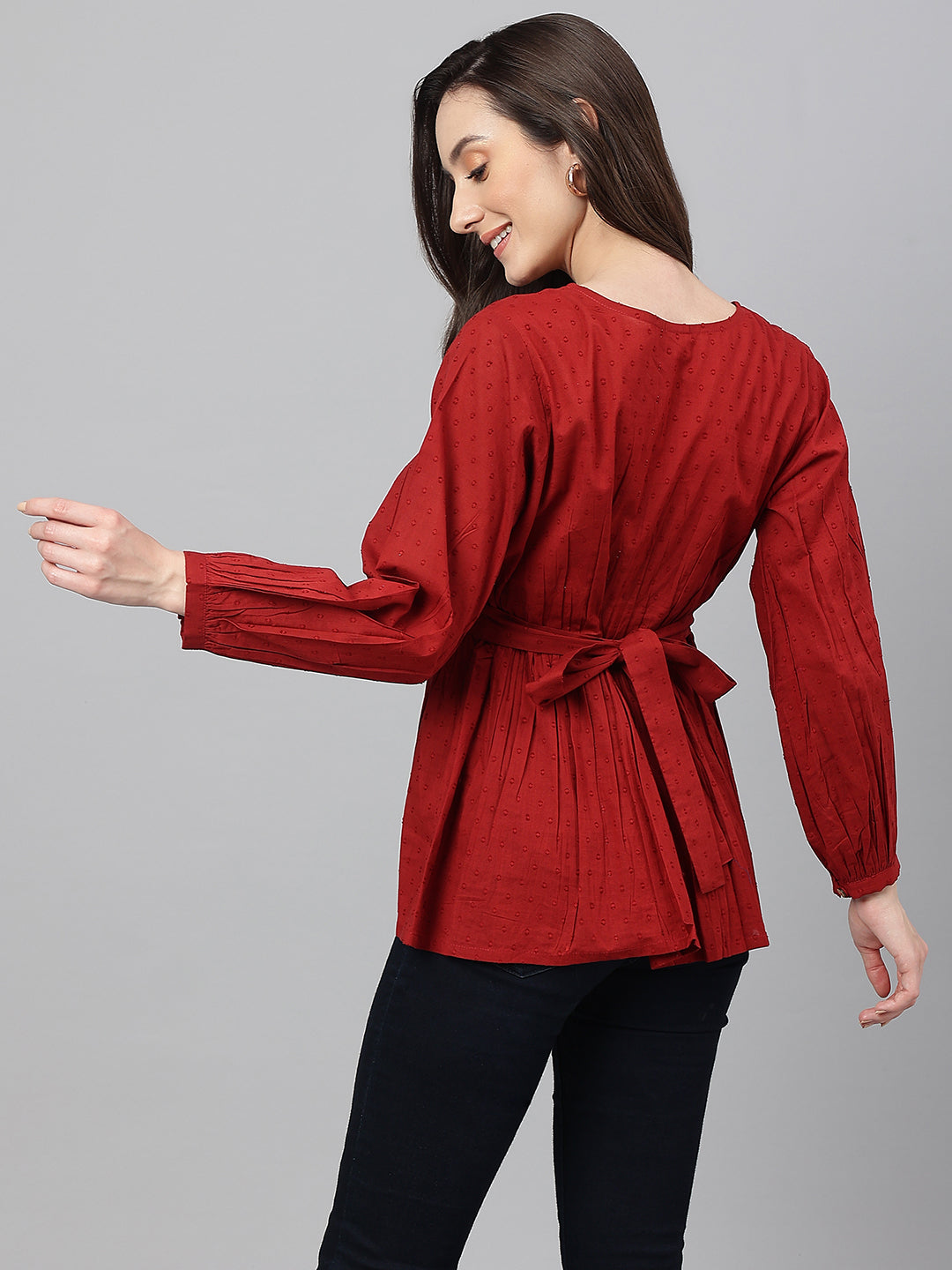 Janasya Women's Maroon Dobby Cotton Solid Peplum Top