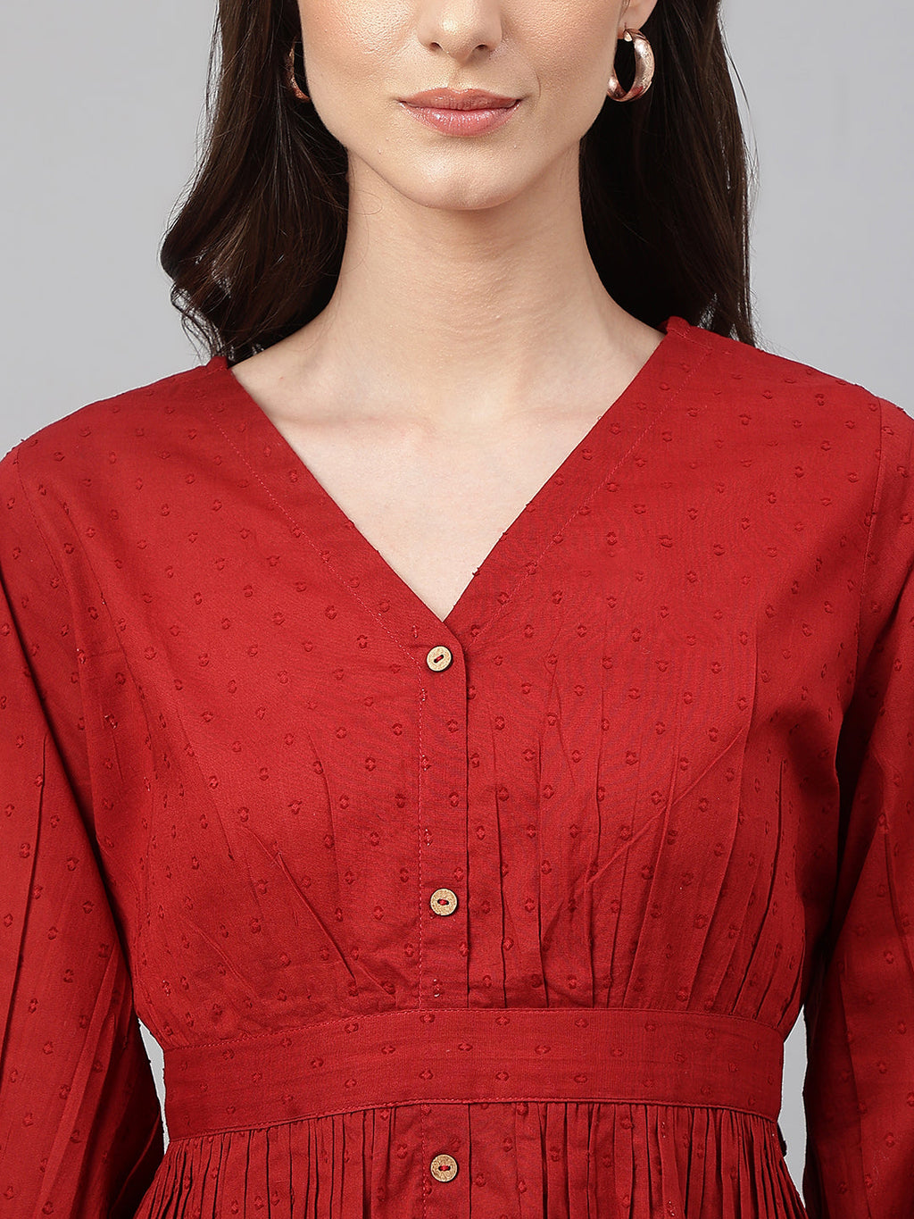 Janasya Women's Maroon Dobby Cotton Solid Peplum Top
