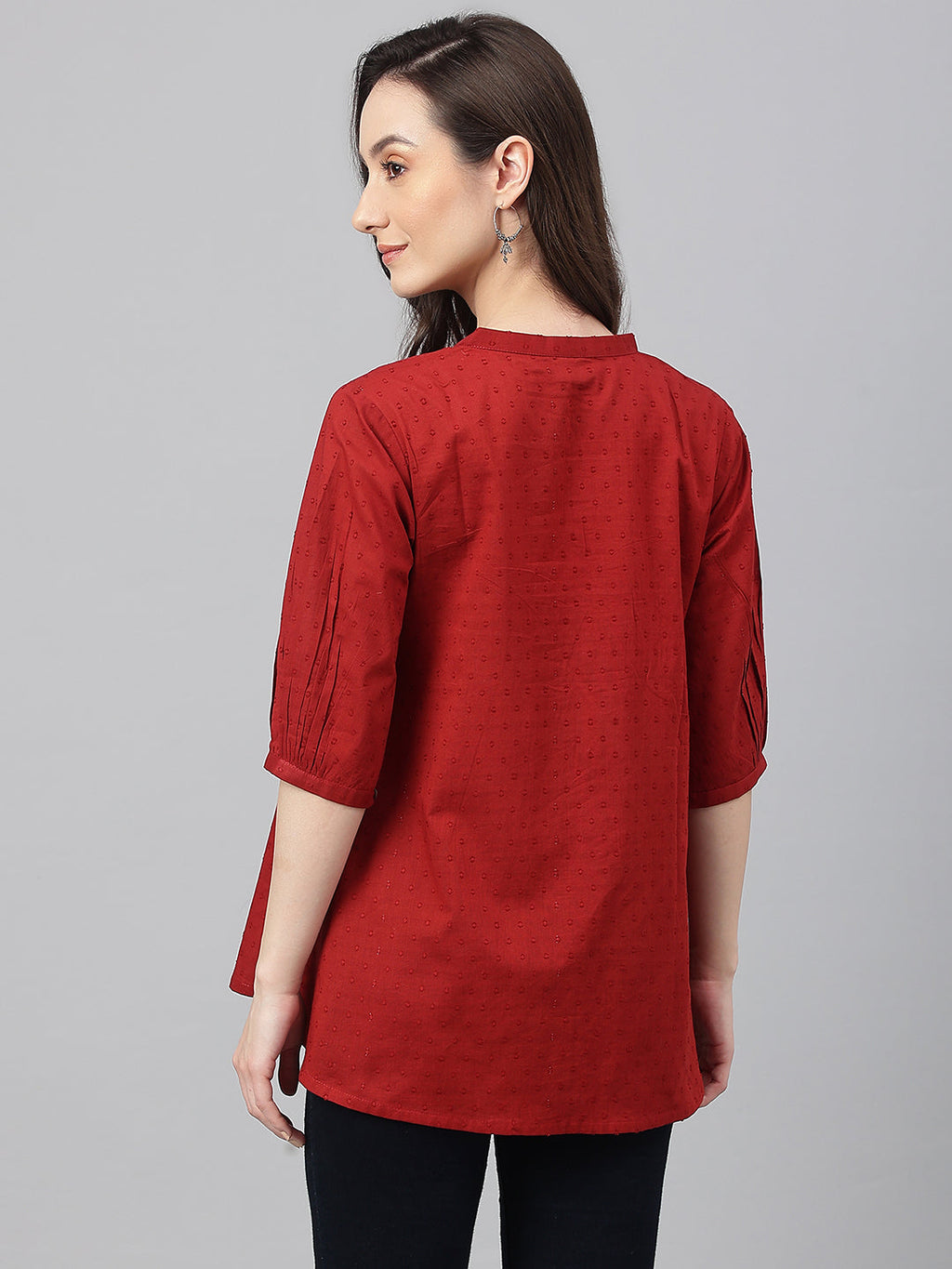 Janasya Women's Maroon Cotton Dobby Solid Flared Top