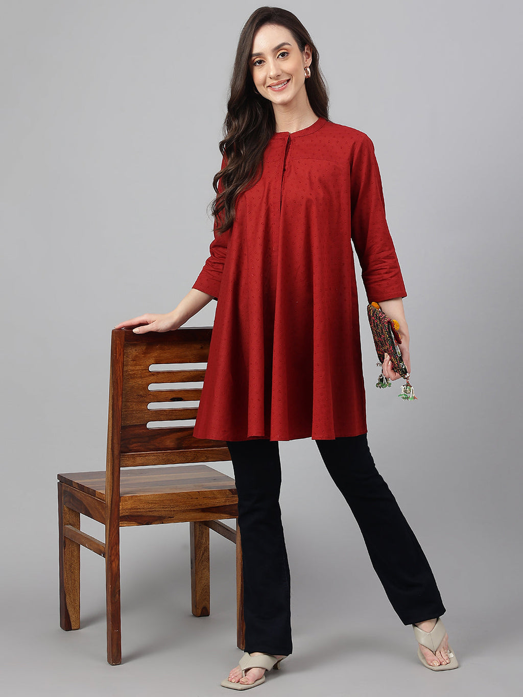 Janasya Women's Maroon Dobby Cotton Solid A-Line Tunic
