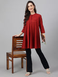 Janasya Women's Maroon Dobby Cotton Solid A-Line Tunic