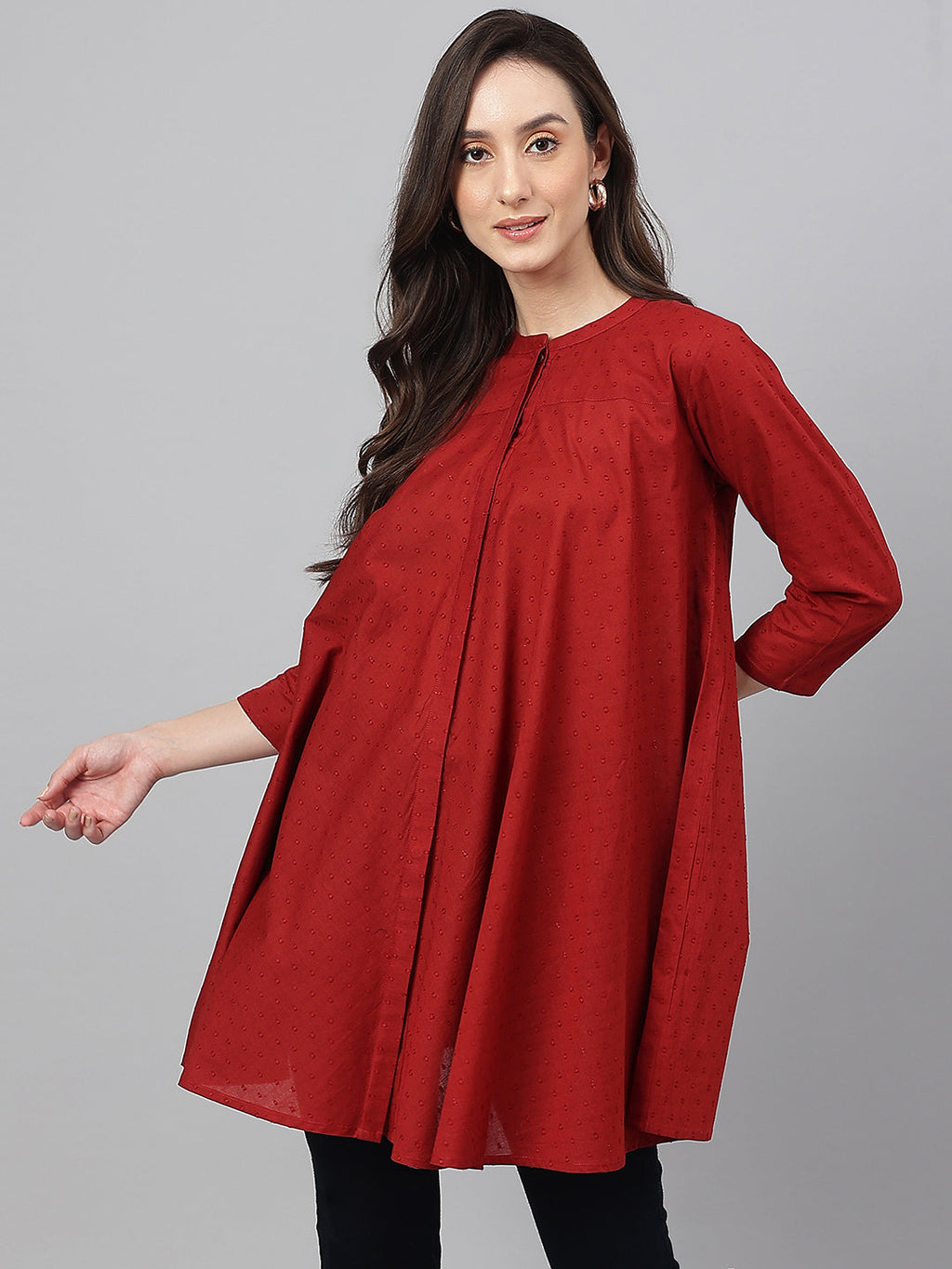 Janasya Women's Maroon Dobby Cotton Solid A-Line Tunic