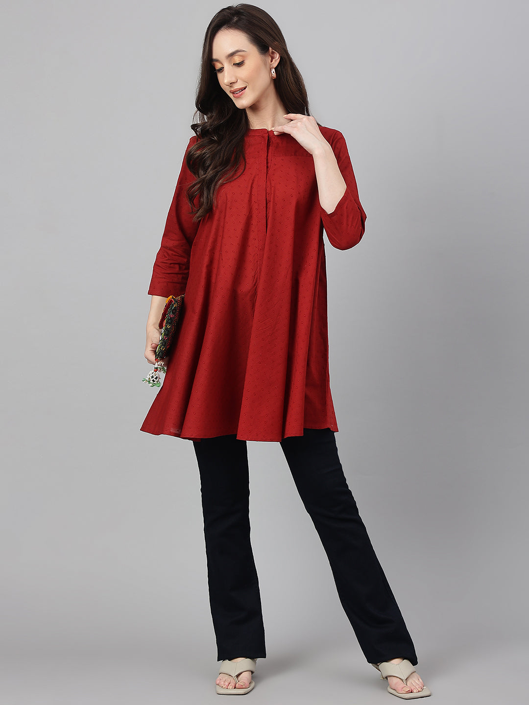 Janasya Women's Maroon Dobby Cotton Solid A-Line Tunic