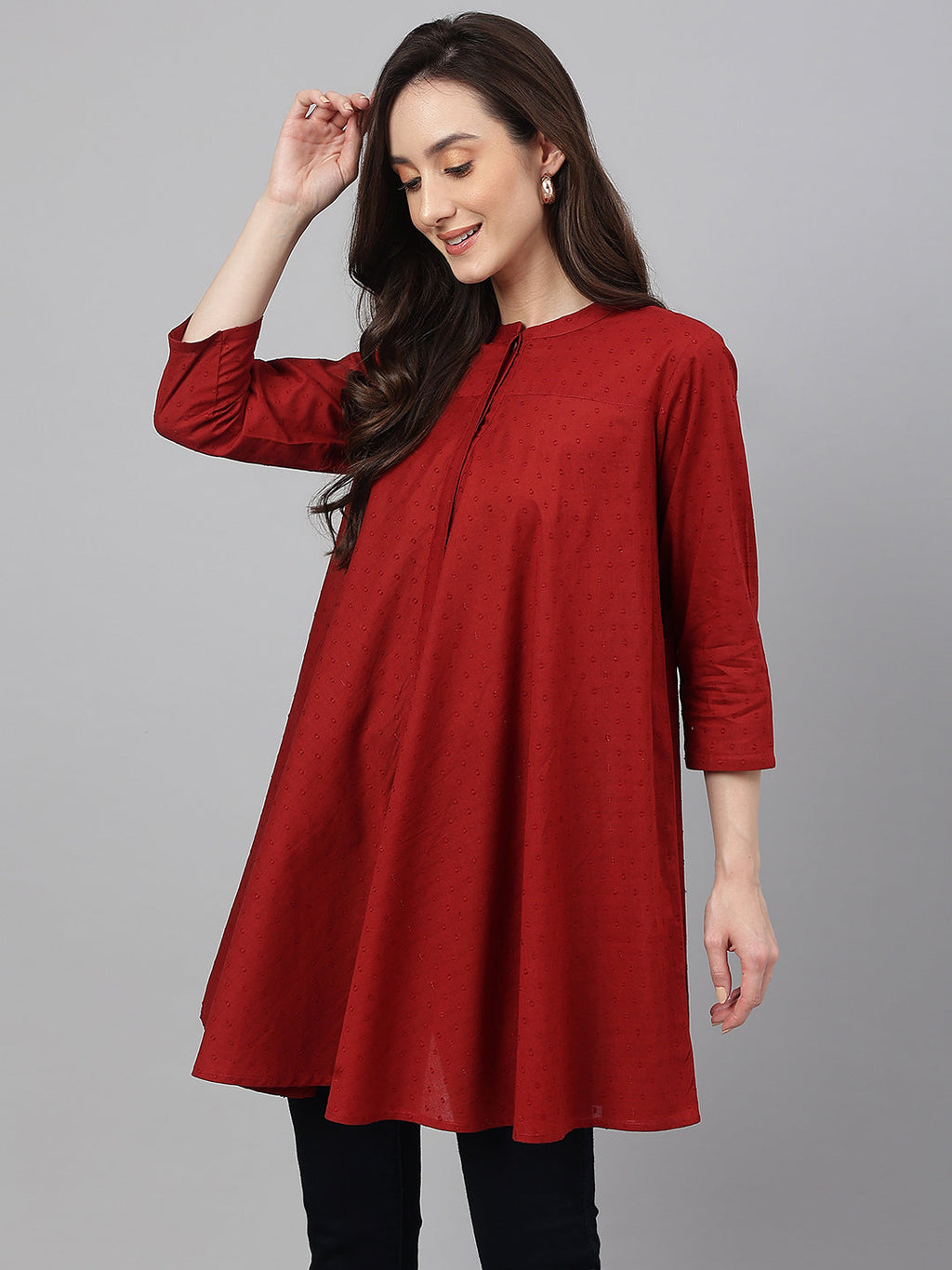 Janasya Women's Maroon Dobby Cotton Solid A-Line Tunic