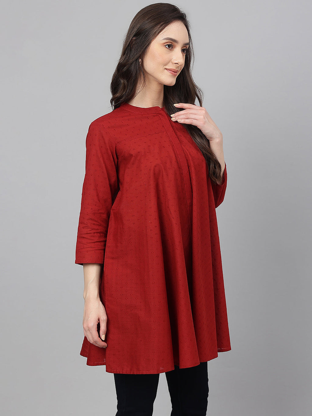Janasya Women's Maroon Dobby Cotton Solid A-Line Tunic