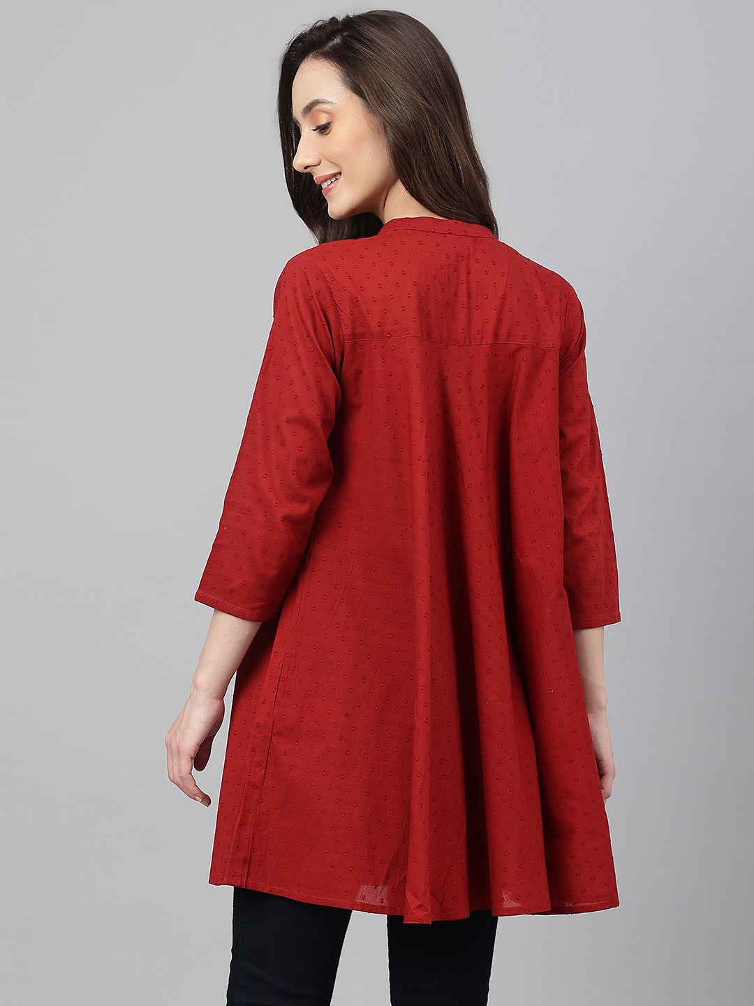 Janasya Women's Maroon Dobby Cotton Solid A-Line Tunic