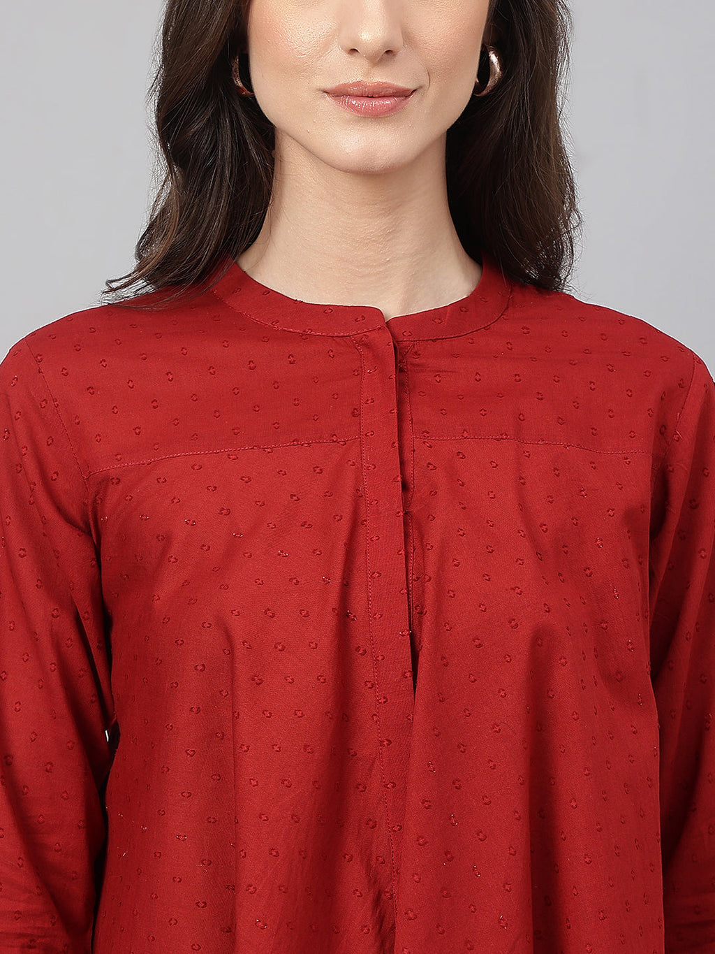 Janasya Women's Maroon Dobby Cotton Solid A-Line Tunic