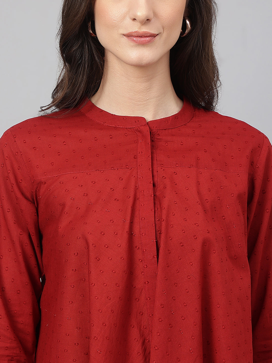 Janasya Women's Maroon Dobby Cotton Solid A-Line Tunic