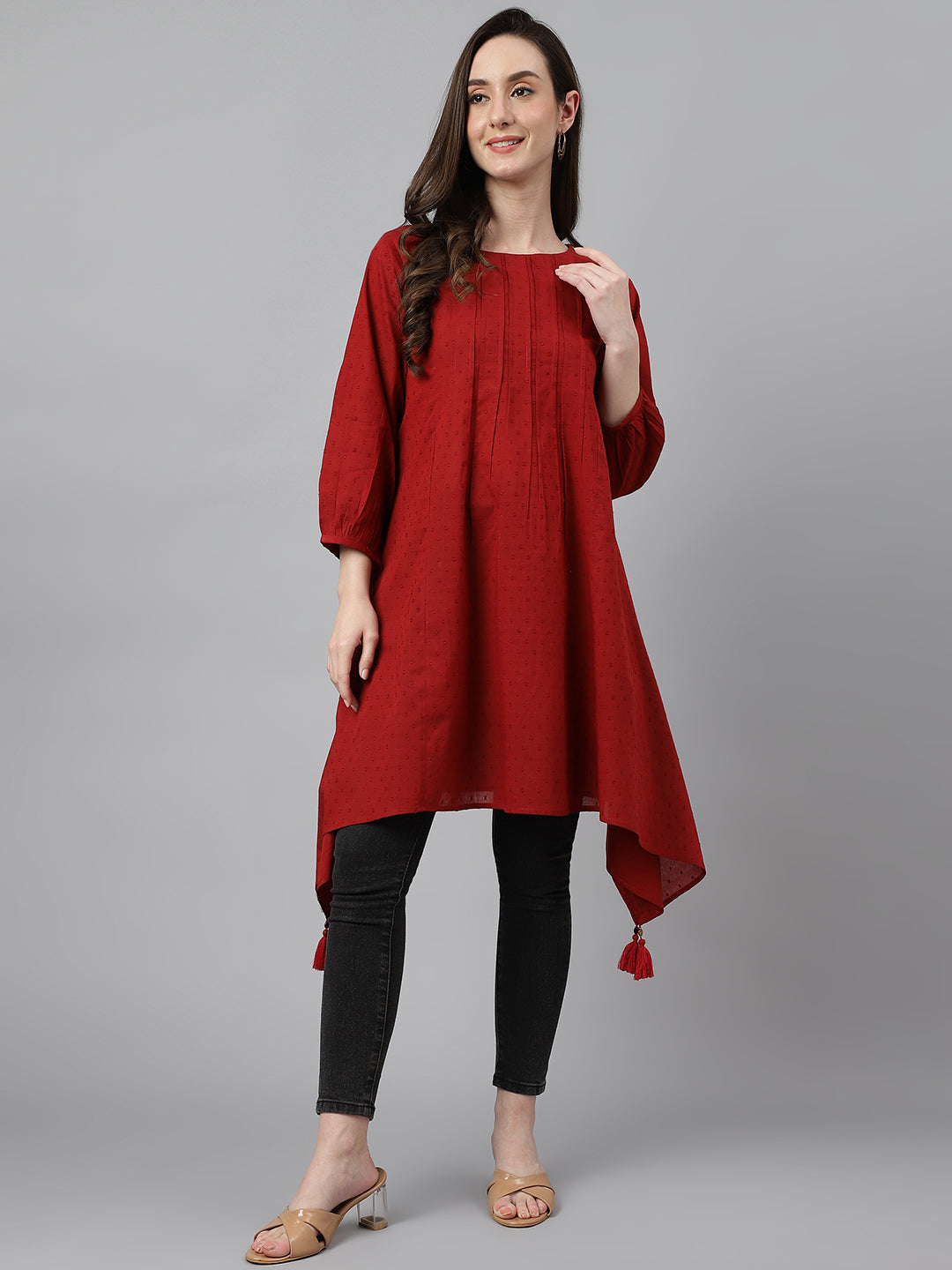 Janasya Women's Maroon Dobby Cotton Solid Handkerchief Tunic