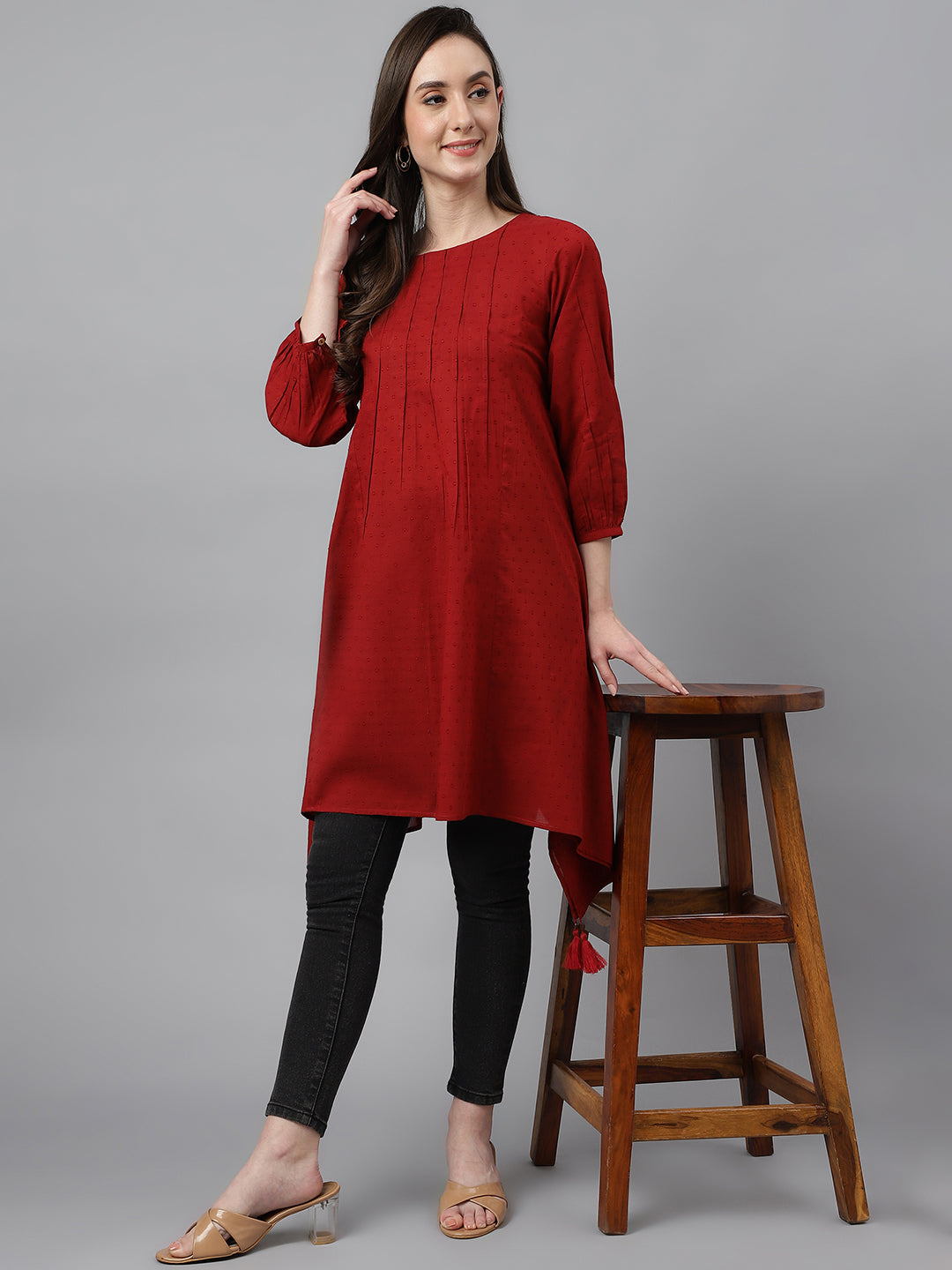 Janasya Women's Maroon Dobby Cotton Solid Handkerchief Tunic