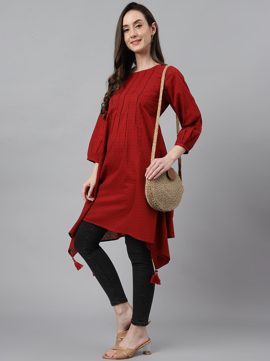 Janasya Women's Maroon Dobby Cotton Solid Handkerchief Tunic