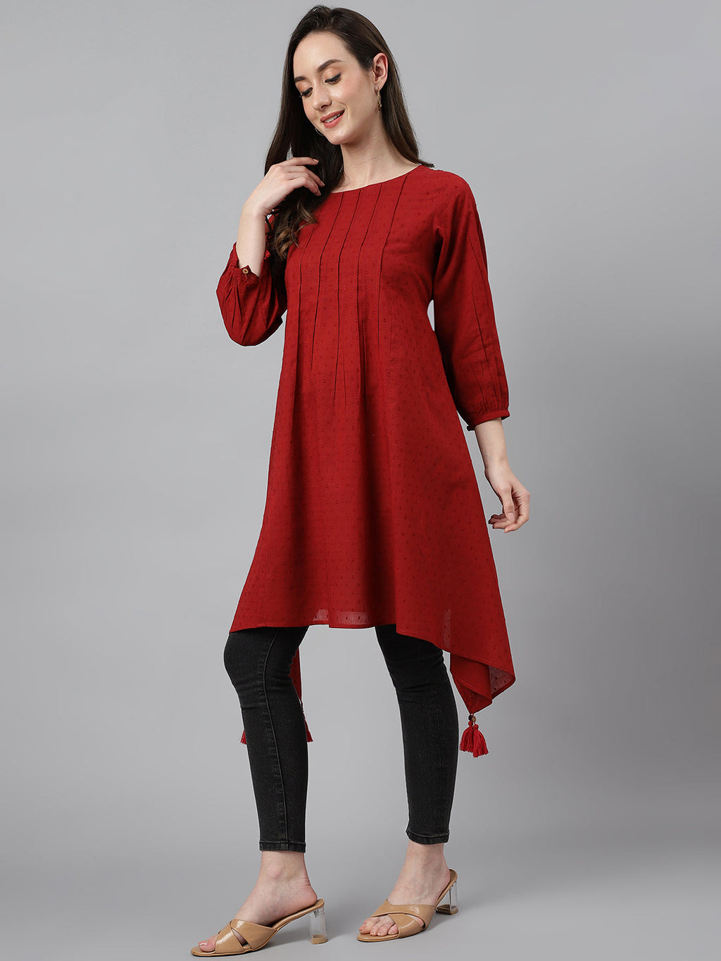 Janasya Women's Maroon Dobby Cotton Solid Handkerchief Tunic