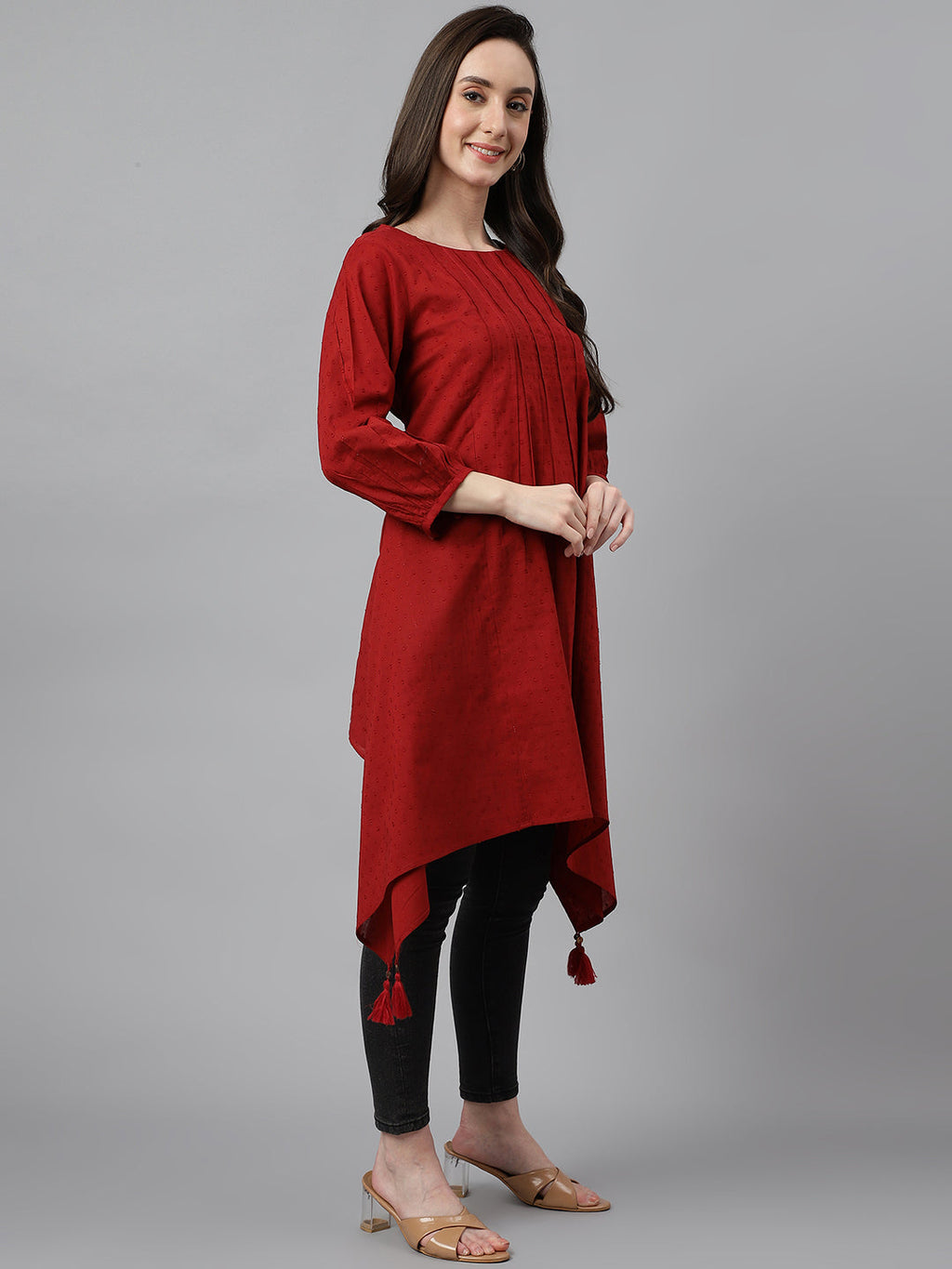 Janasya Women's Maroon Dobby Cotton Solid Handkerchief Tunic