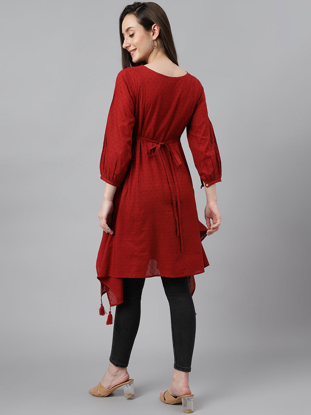 Janasya Women's Maroon Dobby Cotton Solid Handkerchief Tunic