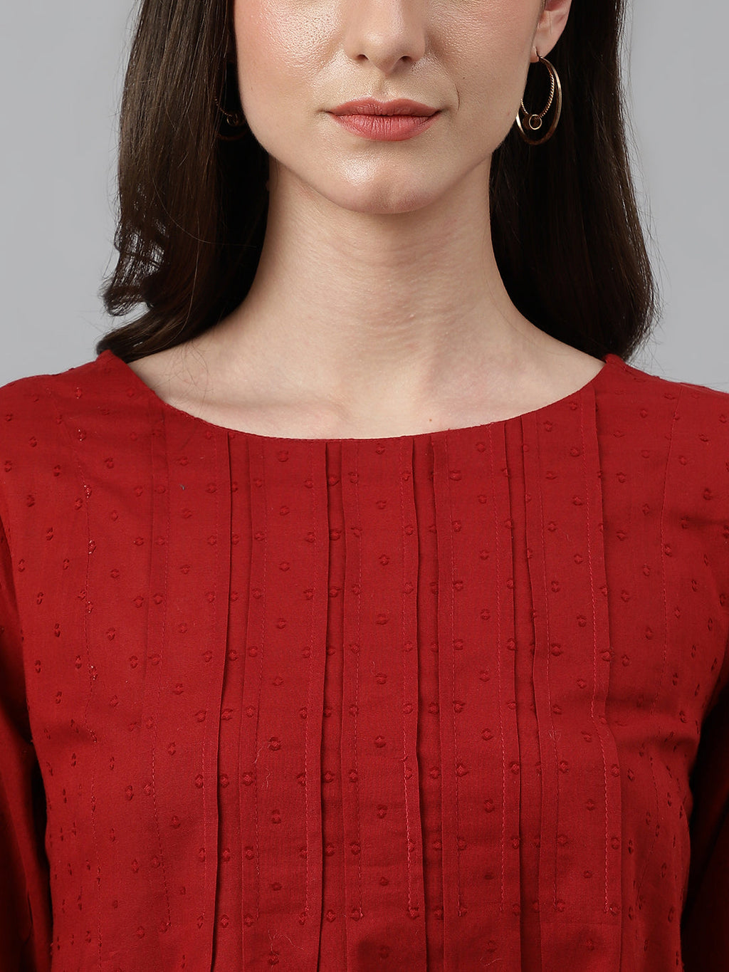 Janasya Women's Maroon Dobby Cotton Solid Handkerchief Tunic