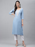 Janasya Women's Light Blue Rayon Solid Casual Straight Kurta