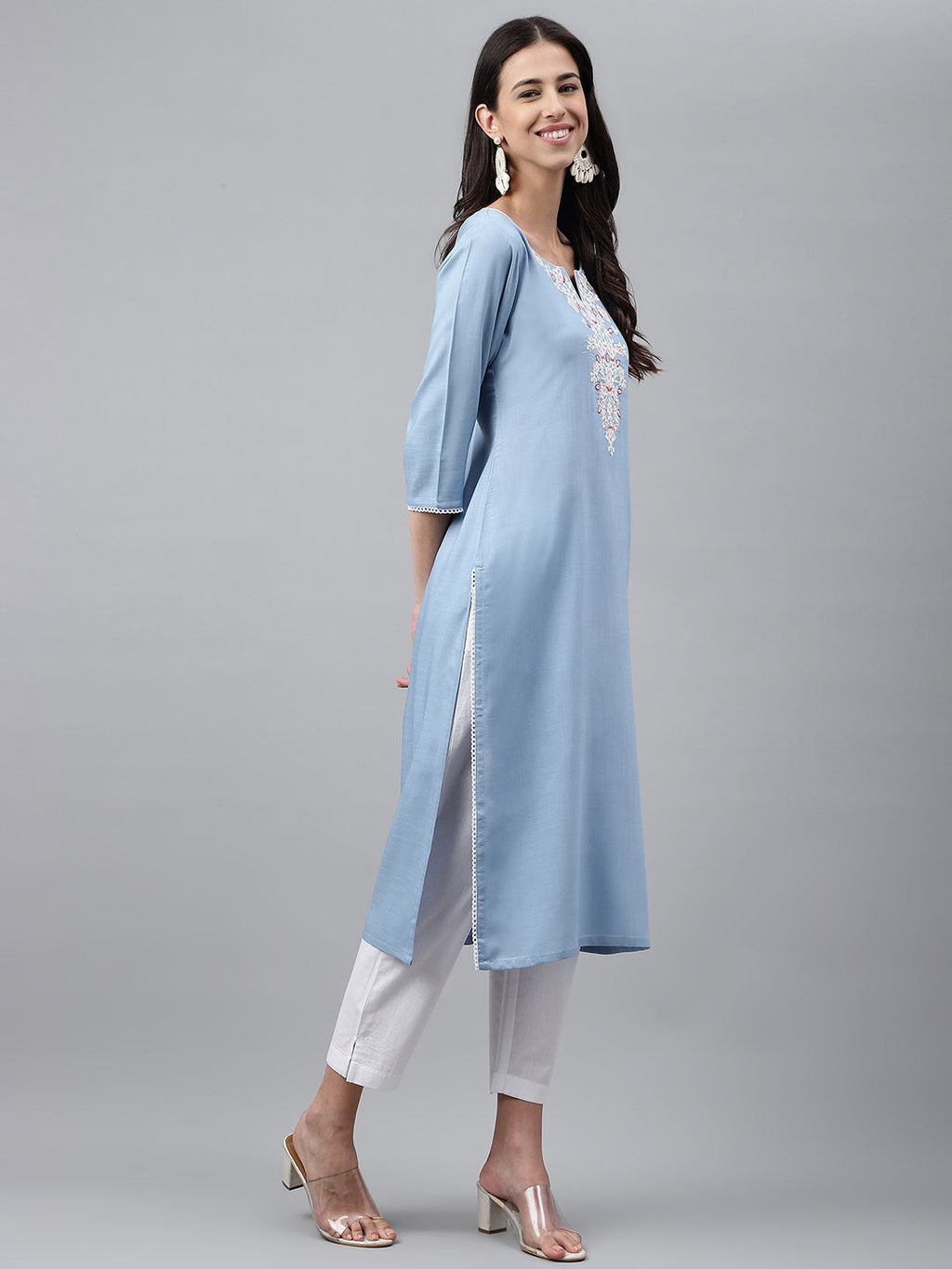 Janasya Women's Light Blue Rayon Solid Casual Straight Kurta