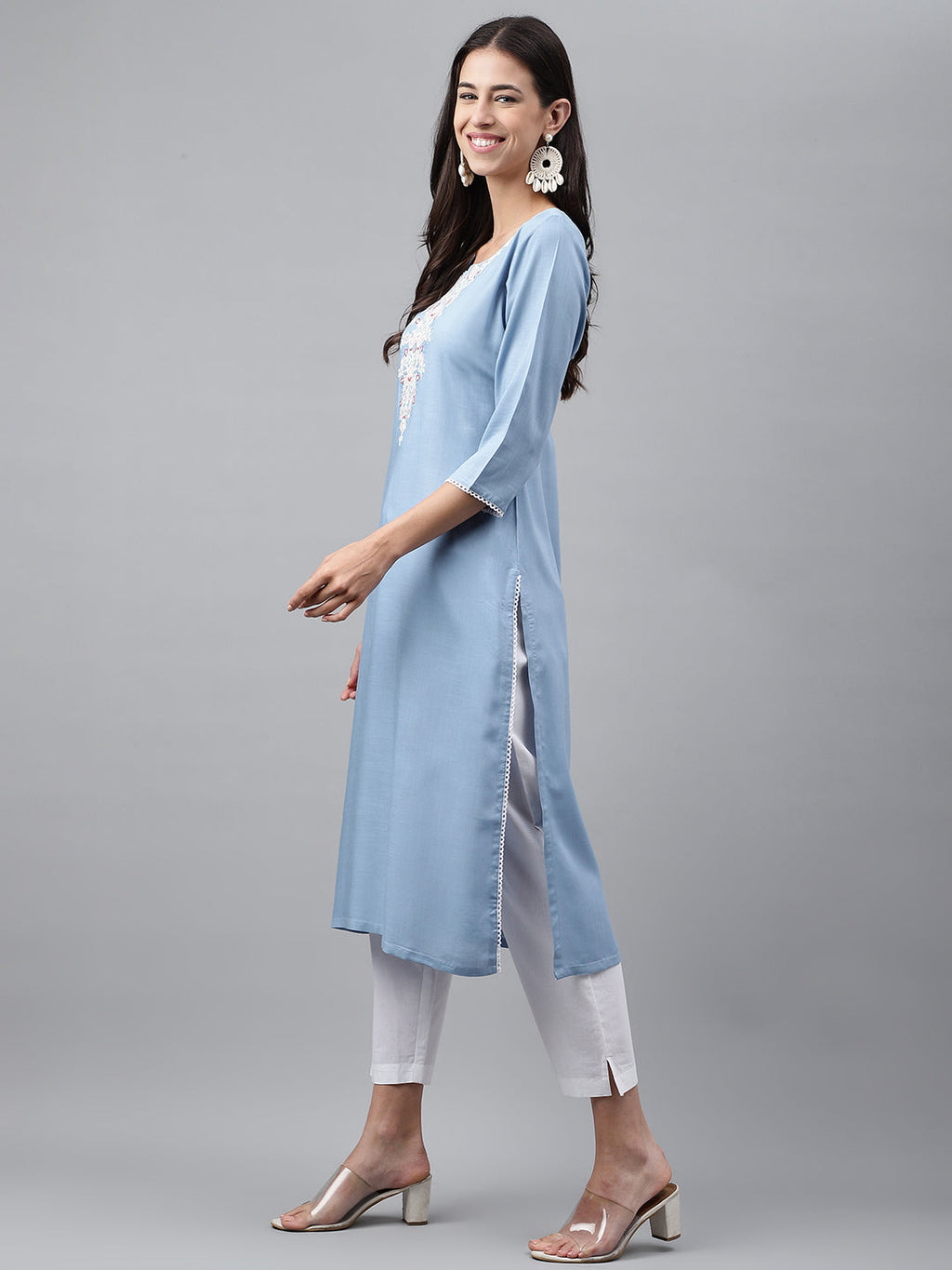 Janasya Women's Light Blue Rayon Solid Casual Straight Kurta