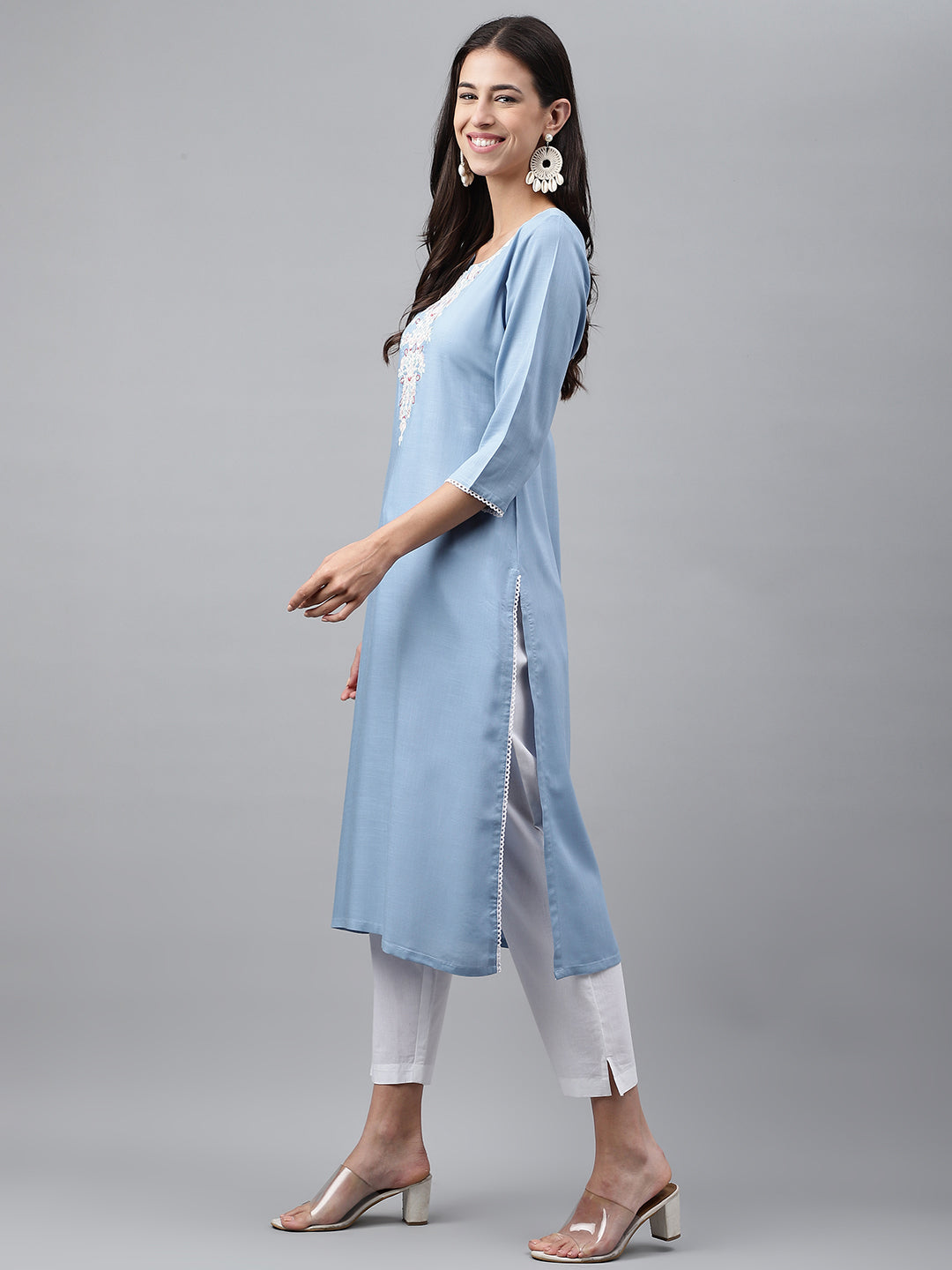 Janasya Women's Light Blue Rayon Solid Casual Straight Kurta