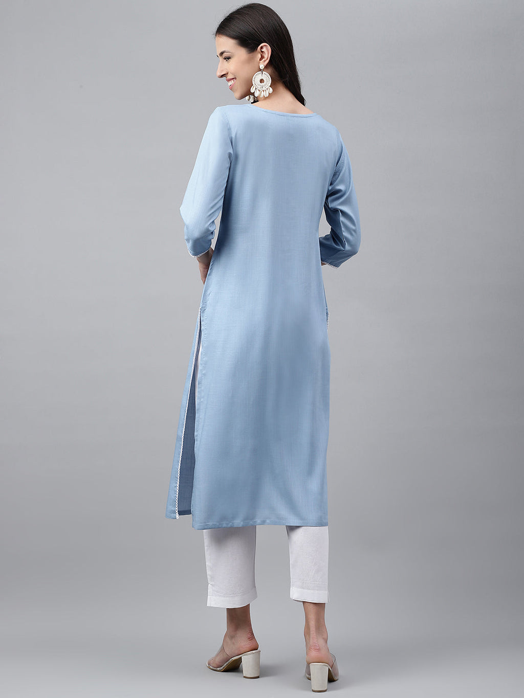 Janasya Women's Light Blue Rayon Solid Casual Straight Kurta