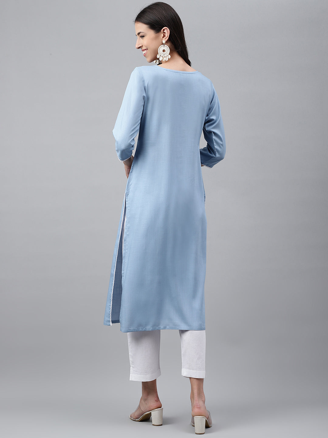 Janasya Women's Light Blue Rayon Solid Casual Straight Kurta