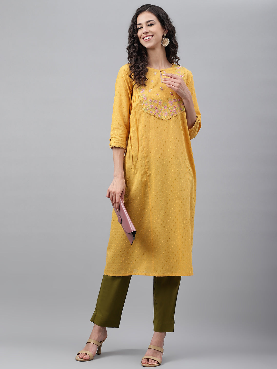 Janasya Women's Yellow Dobby Cotton Solid Casual A-Line Kurta
