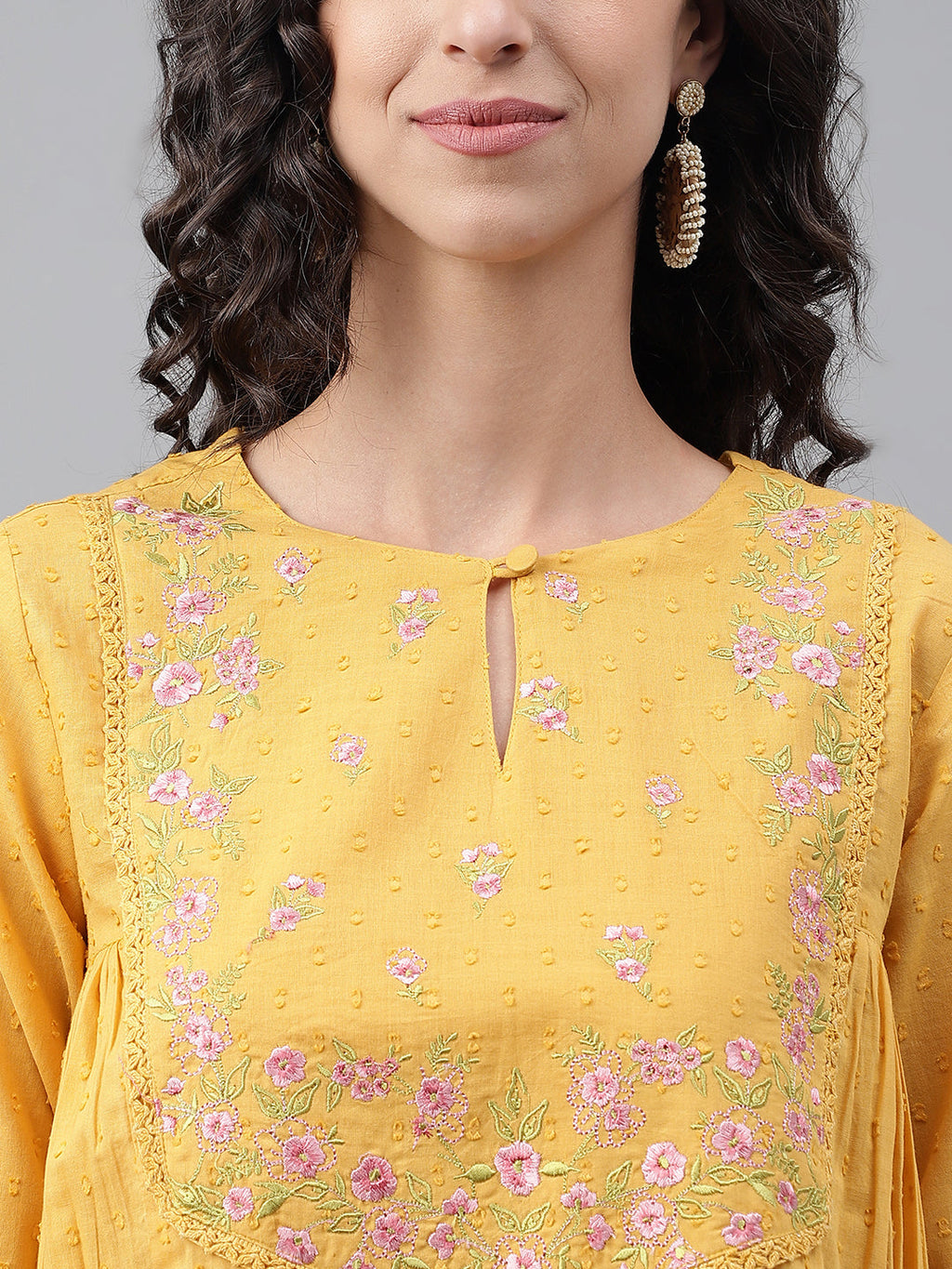 Janasya Women's Yellow Dobby Cotton Solid Casual A-Line Kurta