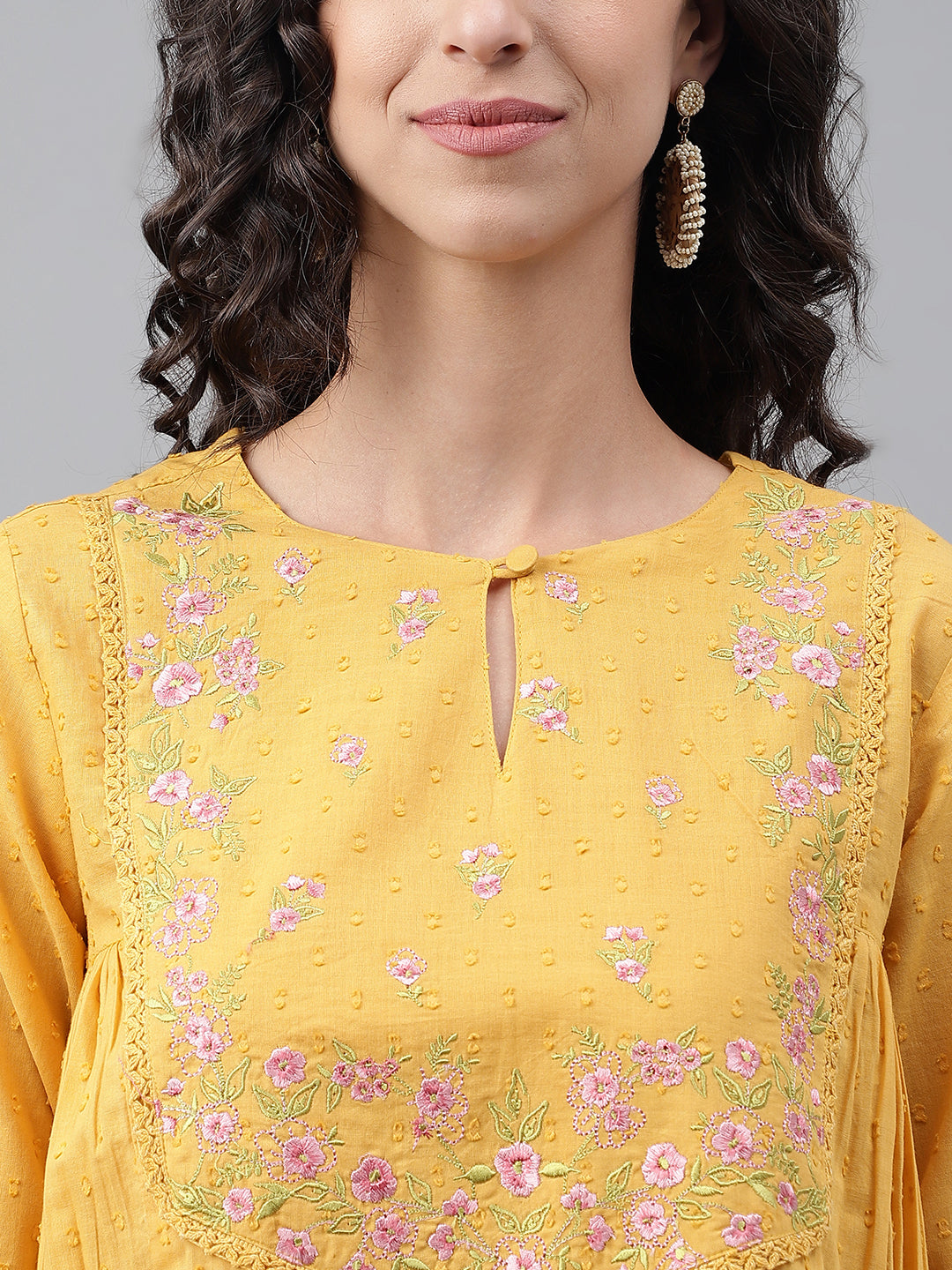 Janasya Women's Yellow Dobby Cotton Solid Casual A-Line Kurta