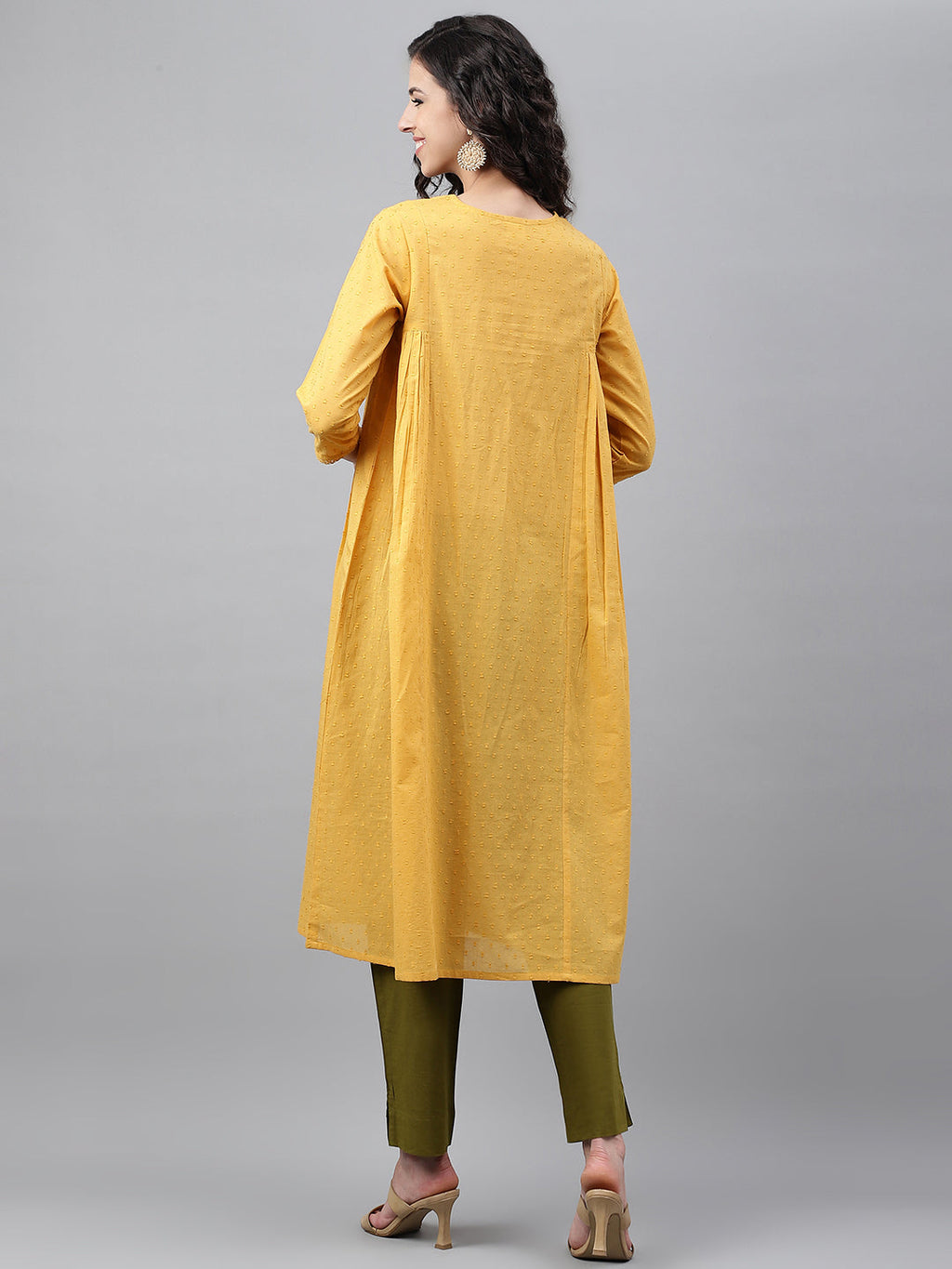 Janasya Women's Yellow Dobby Cotton Solid Casual A-Line Kurta