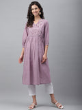 Janasya Women's Lavender Dobby Cotton Solid Casual Gathered Kurta