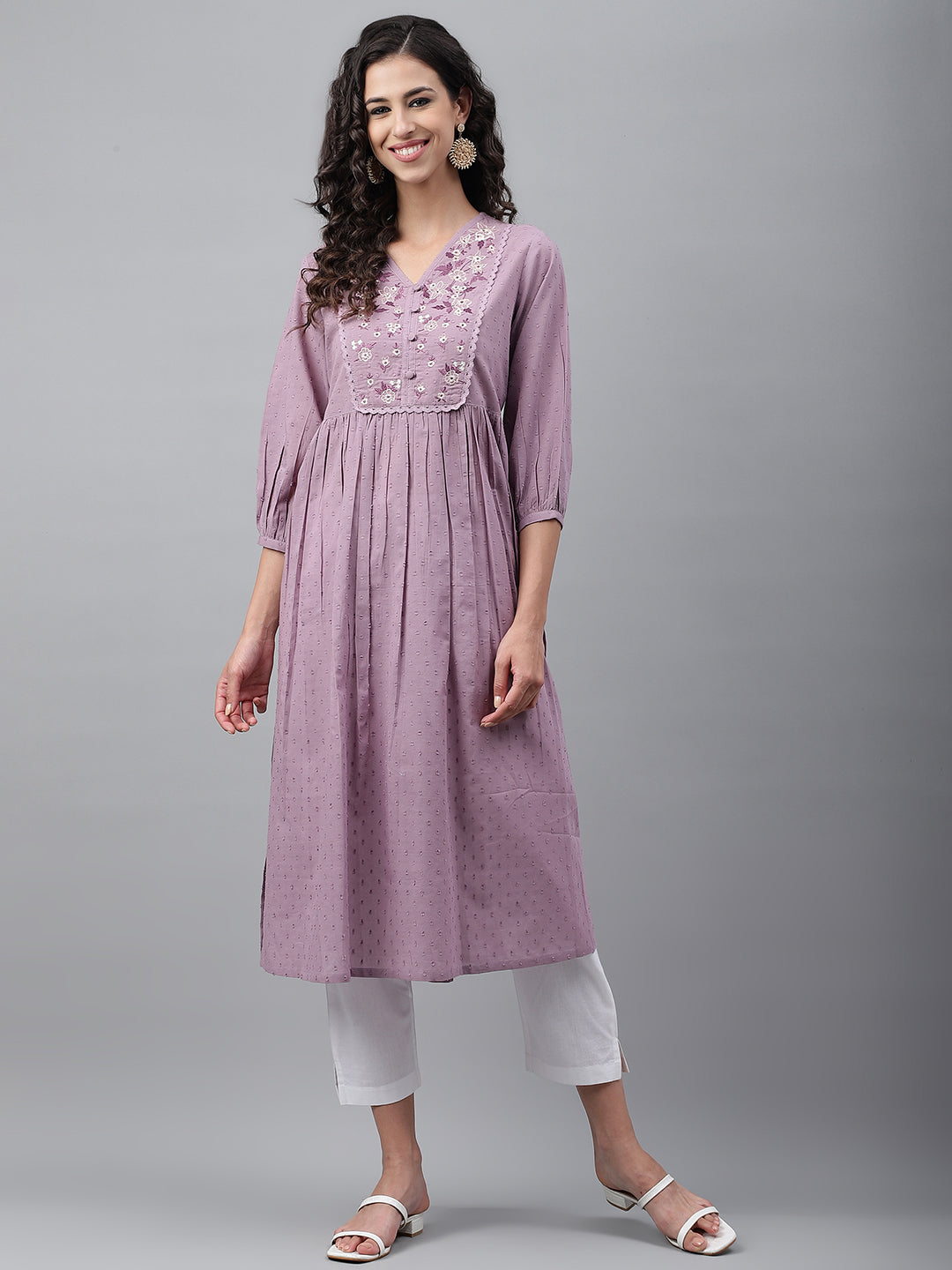Janasya Women's Lavender Dobby Cotton Solid Casual Gathered Kurta