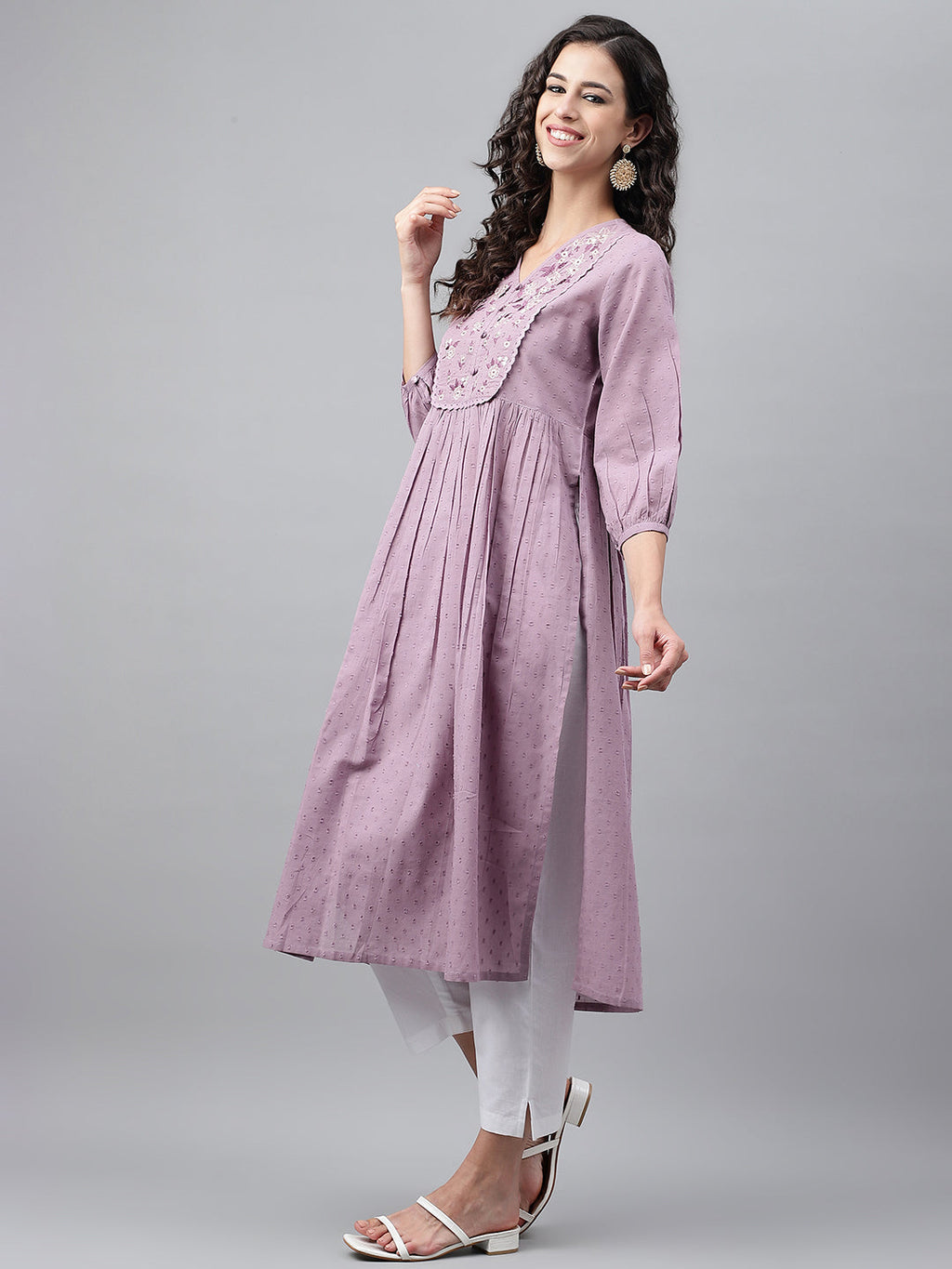 Janasya Women's Lavender Dobby Cotton Solid Casual Gathered Kurta