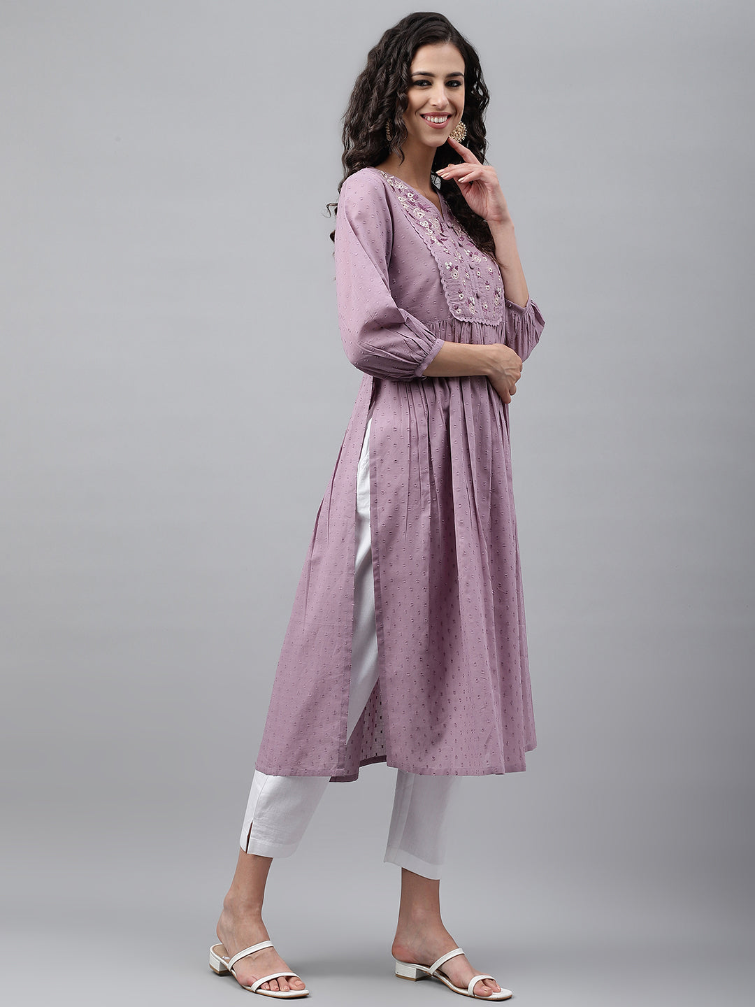 Janasya Women's Lavender Dobby Cotton Solid Casual Gathered Kurta