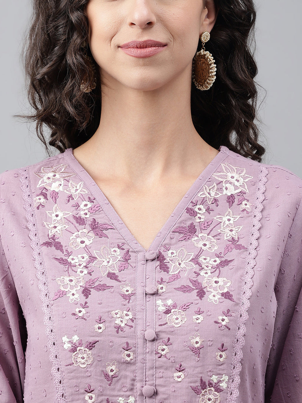 Janasya Women's Lavender Dobby Cotton Solid Casual Gathered Kurta