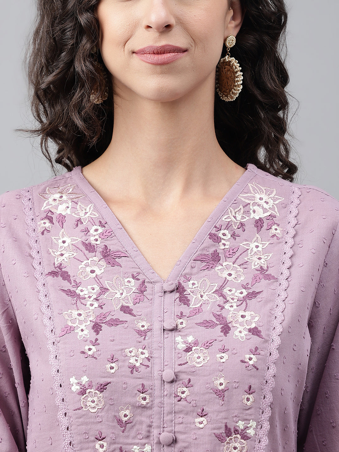 Janasya Women's Lavender Dobby Cotton Solid Casual Gathered Kurta