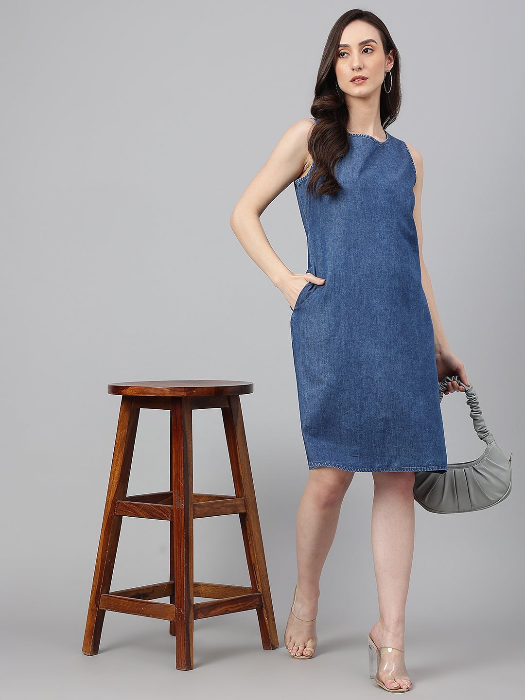 Janasya Women's Blue Denim Solid Straight Western Dress