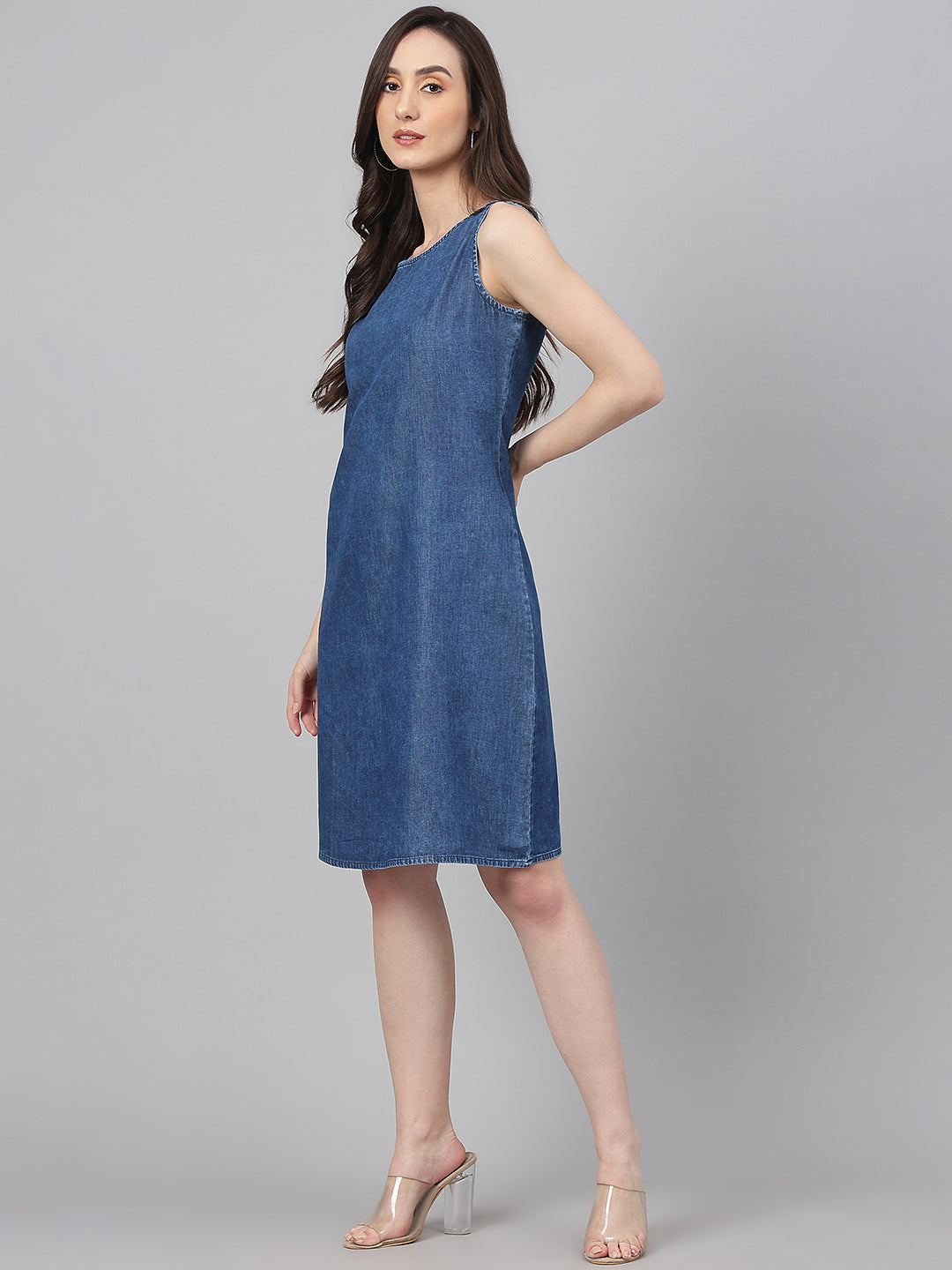 Janasya Women's Blue Denim Solid Straight Western Dress