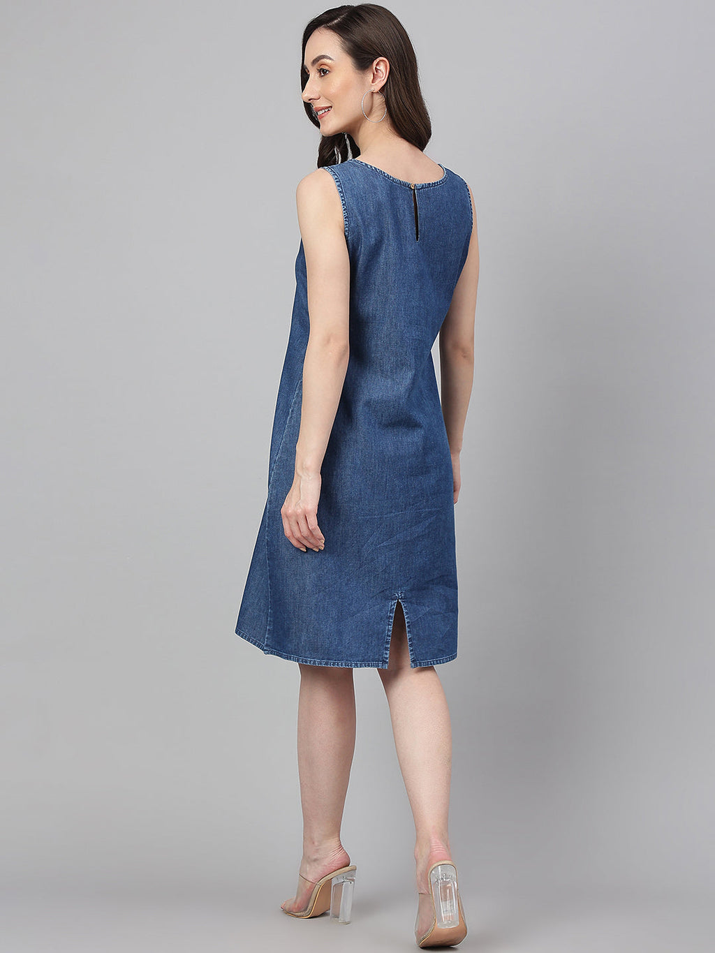 Janasya Women's Blue Denim Solid Straight Western Dress