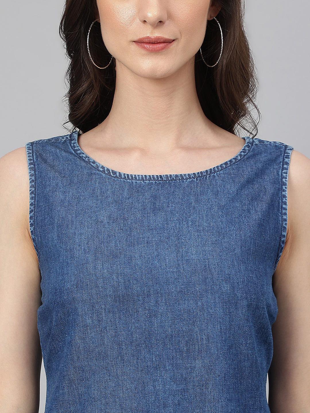 Janasya Women's Blue Denim Solid Straight Western Dress