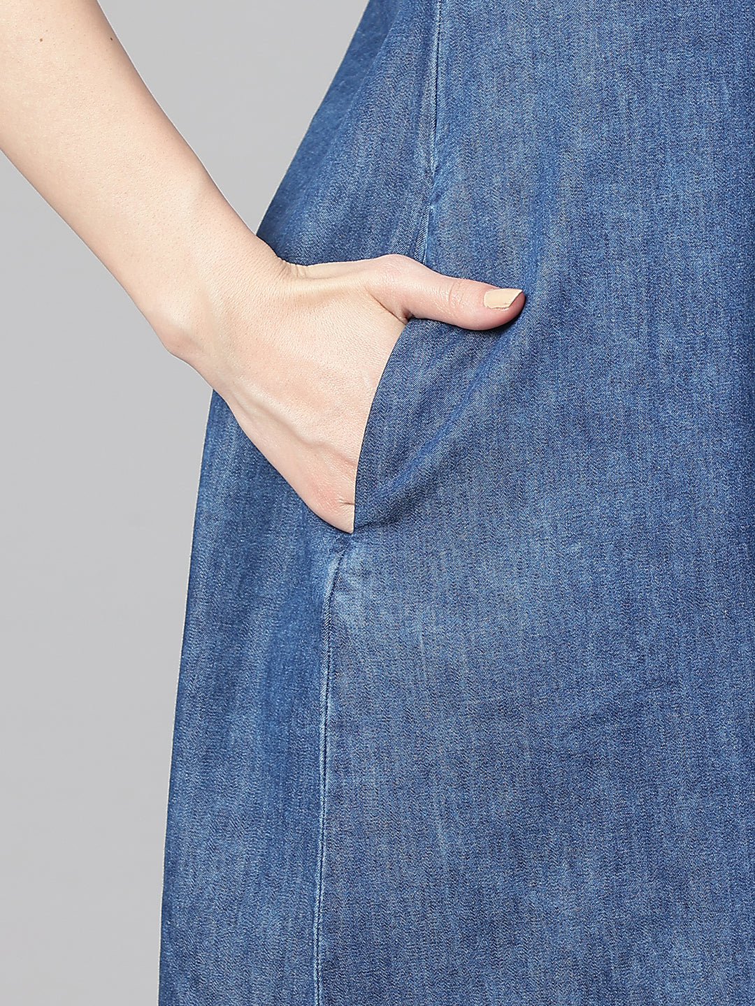 Janasya Women's Blue Denim Solid Straight Western Dress