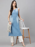 Janasya Women's Light Blue Denim Solid Casual Straight Kurta