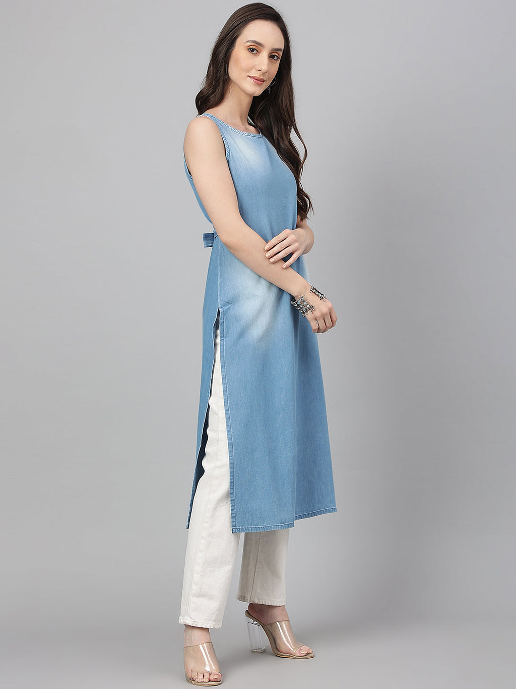 Janasya Women's Light Blue Denim Solid Casual Straight Kurta