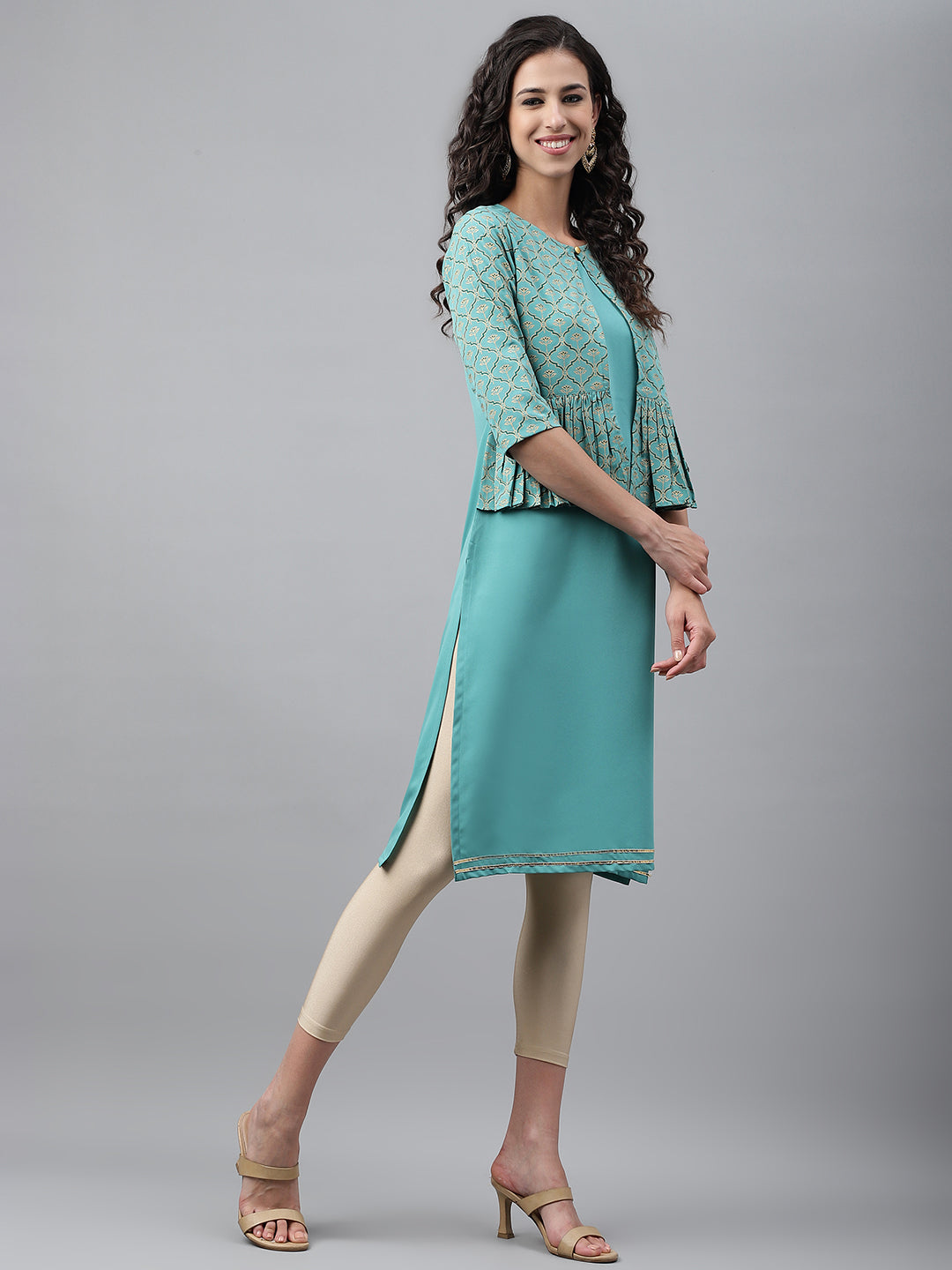 Janasya Women's Green Crepe Foil Printed Festive Jacket Style Kurta