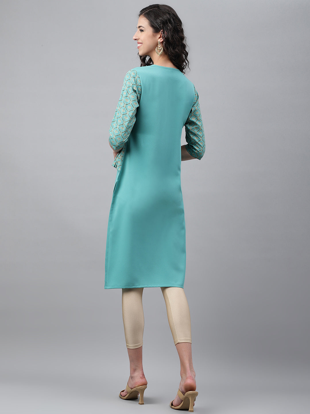 Janasya Women's Green Crepe Foil Printed Festive Jacket Style Kurta