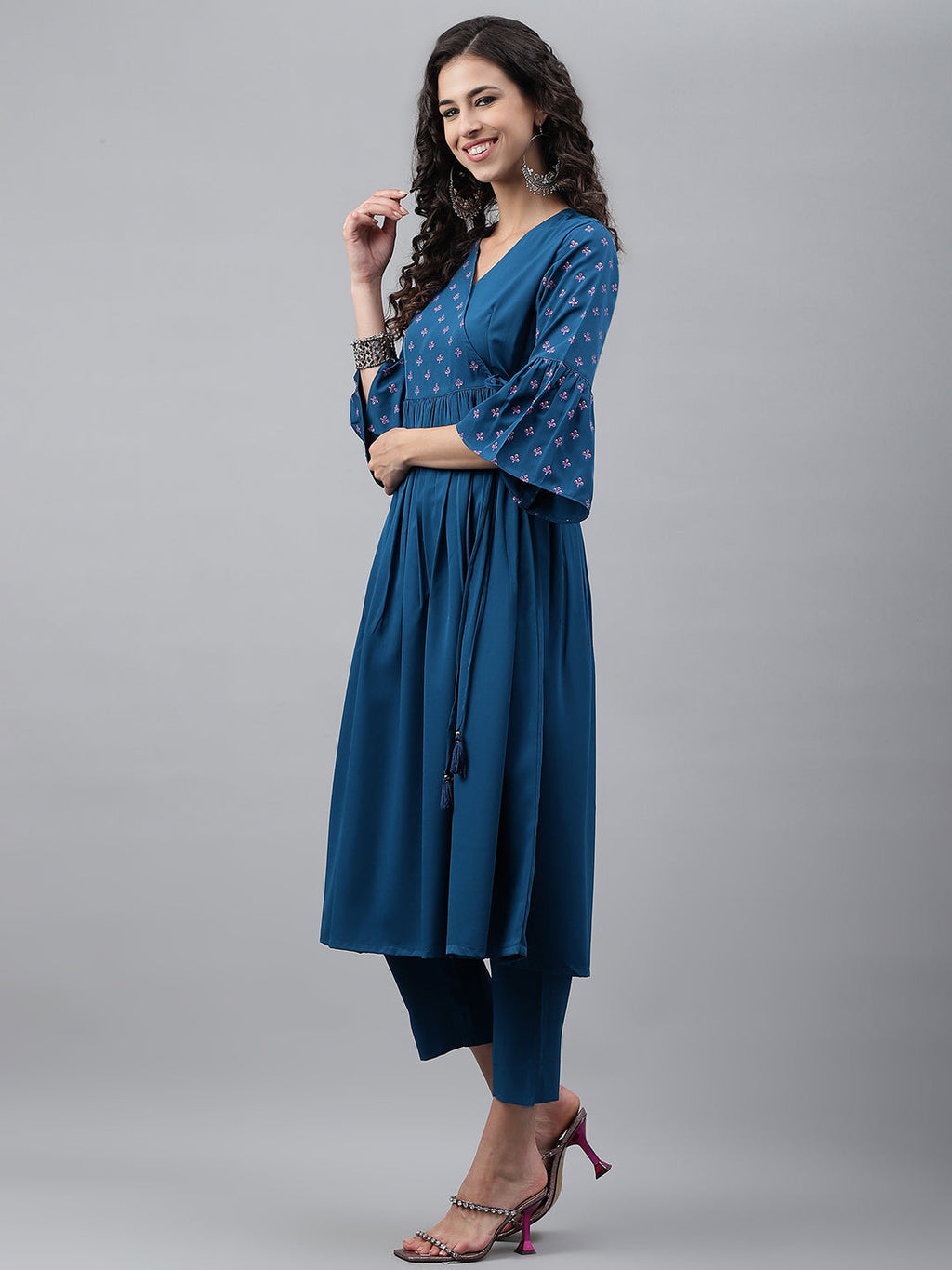 Janasya Women's Blue Crepe Solid Casual Angrakha Kurta