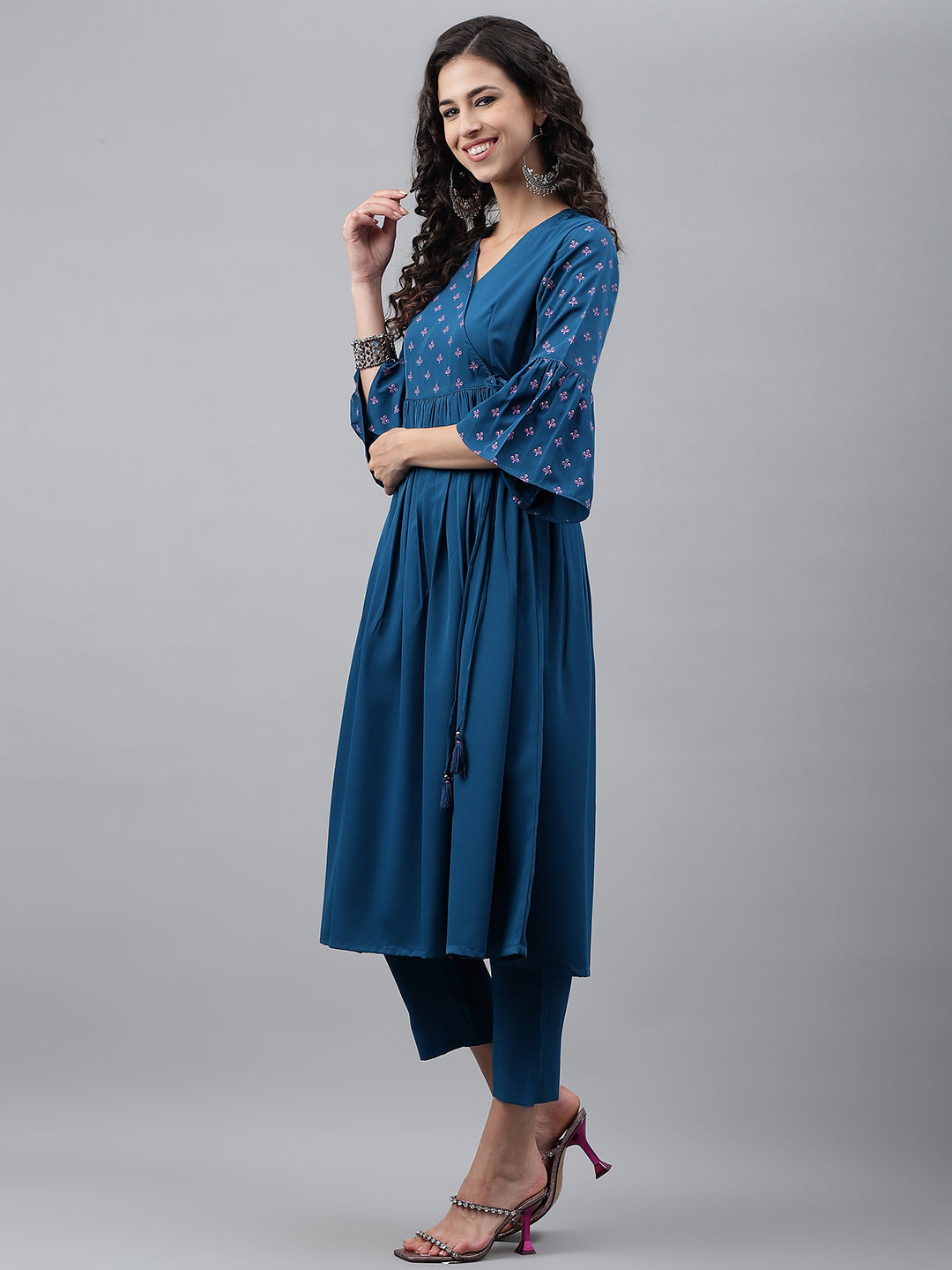 Janasya Women's Blue Crepe Solid Casual Angrakha Kurta